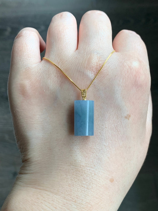 Natural Guatemalan Icy Translucent Gelatinous Purplish Blue Jadeite Cylinder Pendant 18K Yellow Gold Bail 天然冰危蓝紫翡翠圆柱镶嵌吊坠