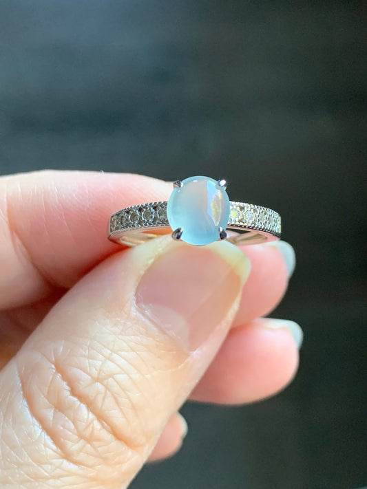 Natural Burmese Icy Highly Translucent Gelatinous White Jadeite Ring Sterling Silver Size 7 Adjustable 天然缅甸白冰翡翠蛋面银镶戒指 221A