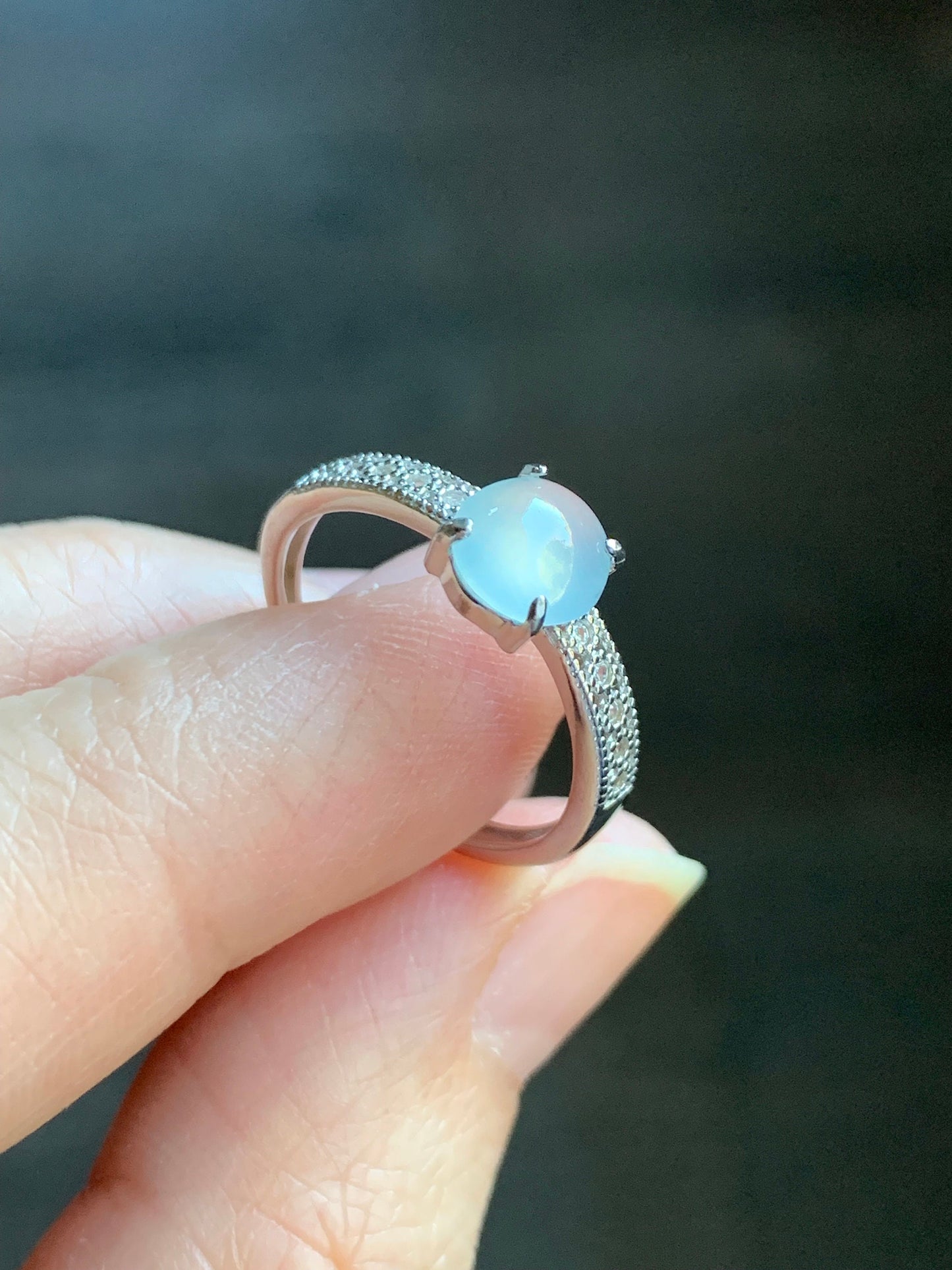 Natural Burmese Icy Highly Translucent Gelatinous White Jadeite Ring Sterling Silver Size 7 Adjustable 天然缅甸白冰翡翠蛋面银镶戒指 221A