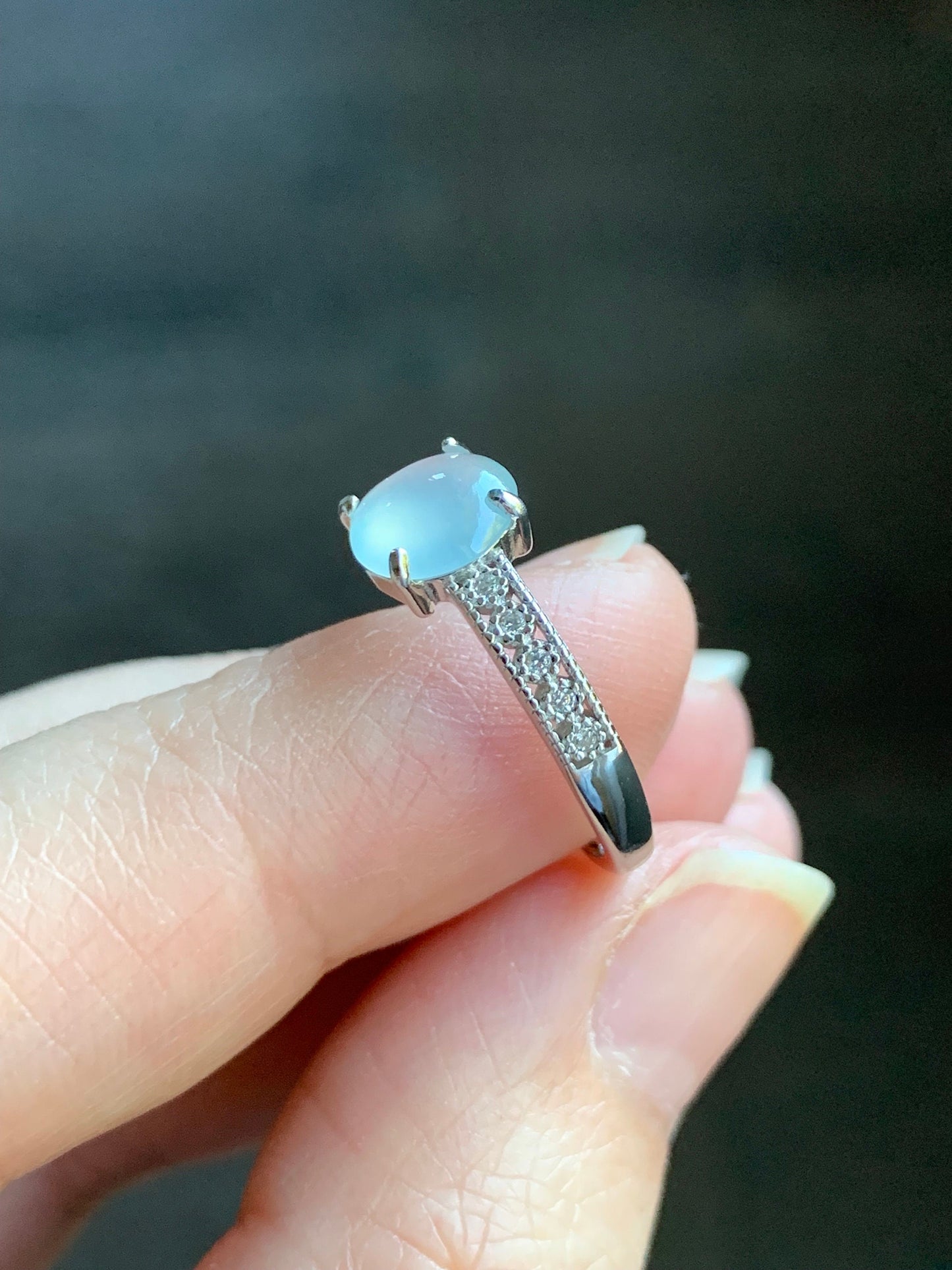 Natural Burmese Icy Highly Translucent Gelatinous White Jadeite Ring Sterling Silver Size 7 Adjustable 天然缅甸白冰翡翠蛋面银镶戒指 221A