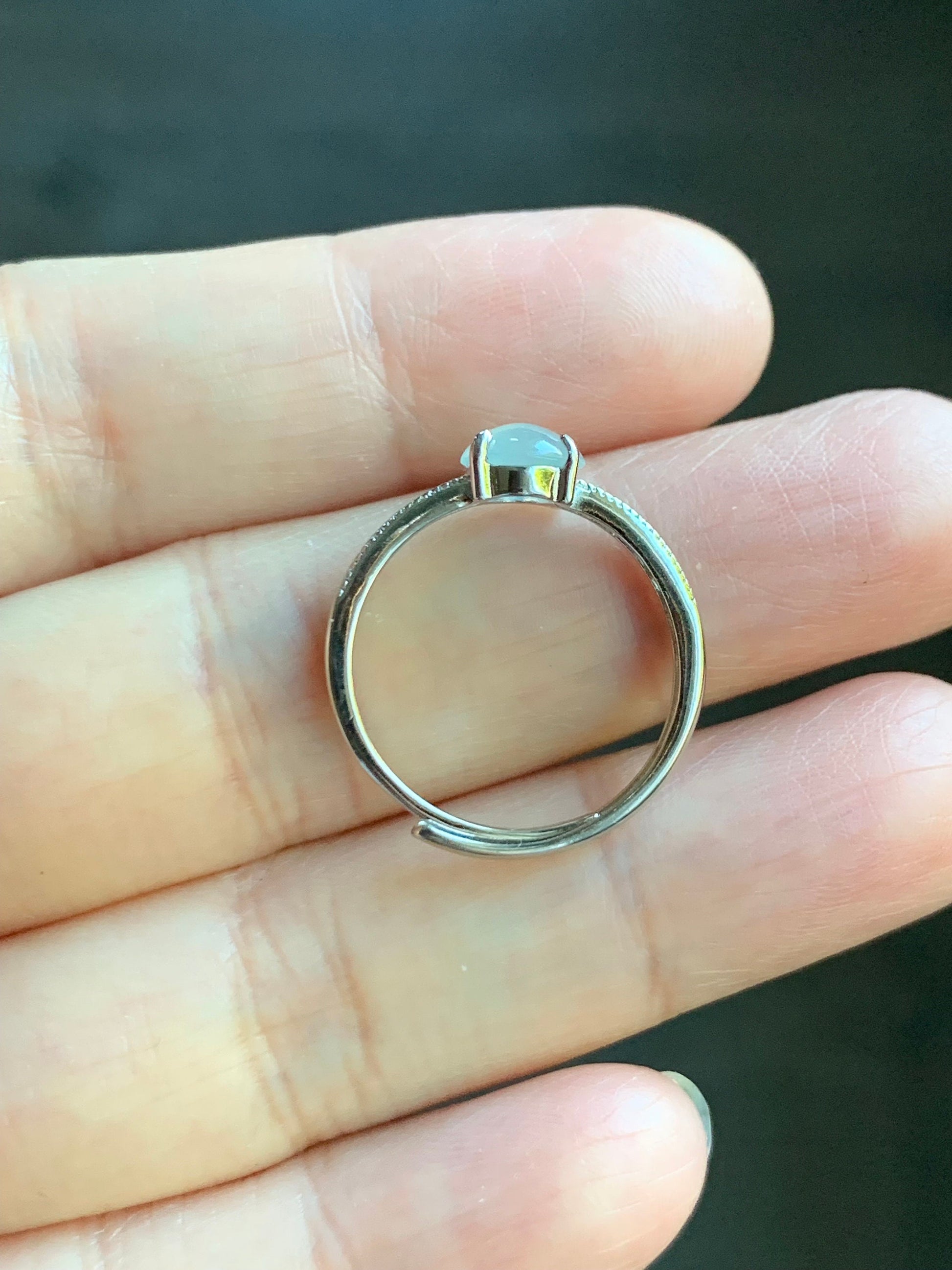 Natural Burmese Icy Highly Translucent Gelatinous White Jadeite Ring Sterling Silver Size 7 Adjustable 天然缅甸白冰翡翠蛋面银镶戒指 221A