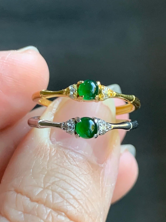 Natural Guatemalan Icy Translucent Vibrant Green Jadeite Bamboo Design Ring S925 Sterling Silver Size 7 Adjustable 天然冰危绿翡翠竹节银镶戒指 ZJW50