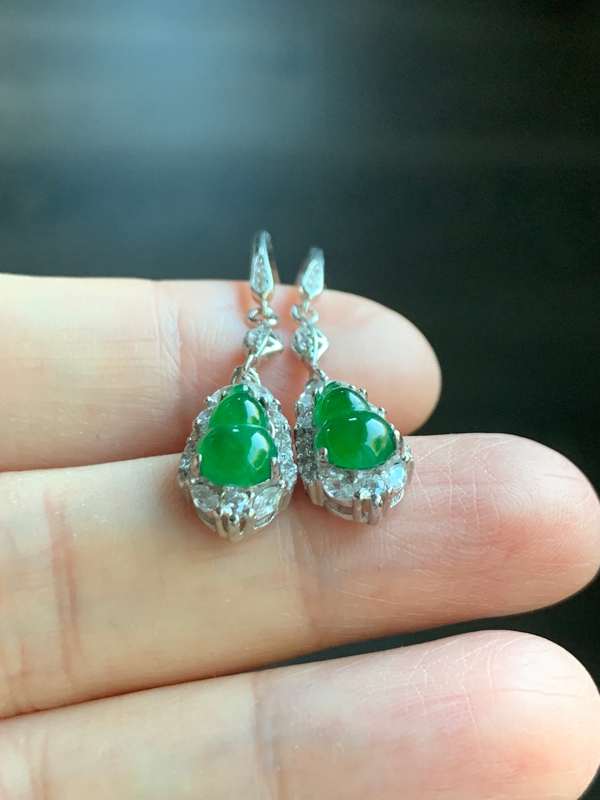 Natural Guatemalan Premium Icy Highly Translucent Vibrant Green Jadeite Hulu/Gourd Dangle Earrings S925 Silver 天然危地马拉正高冰绿翡翠葫芦银镶耳钩