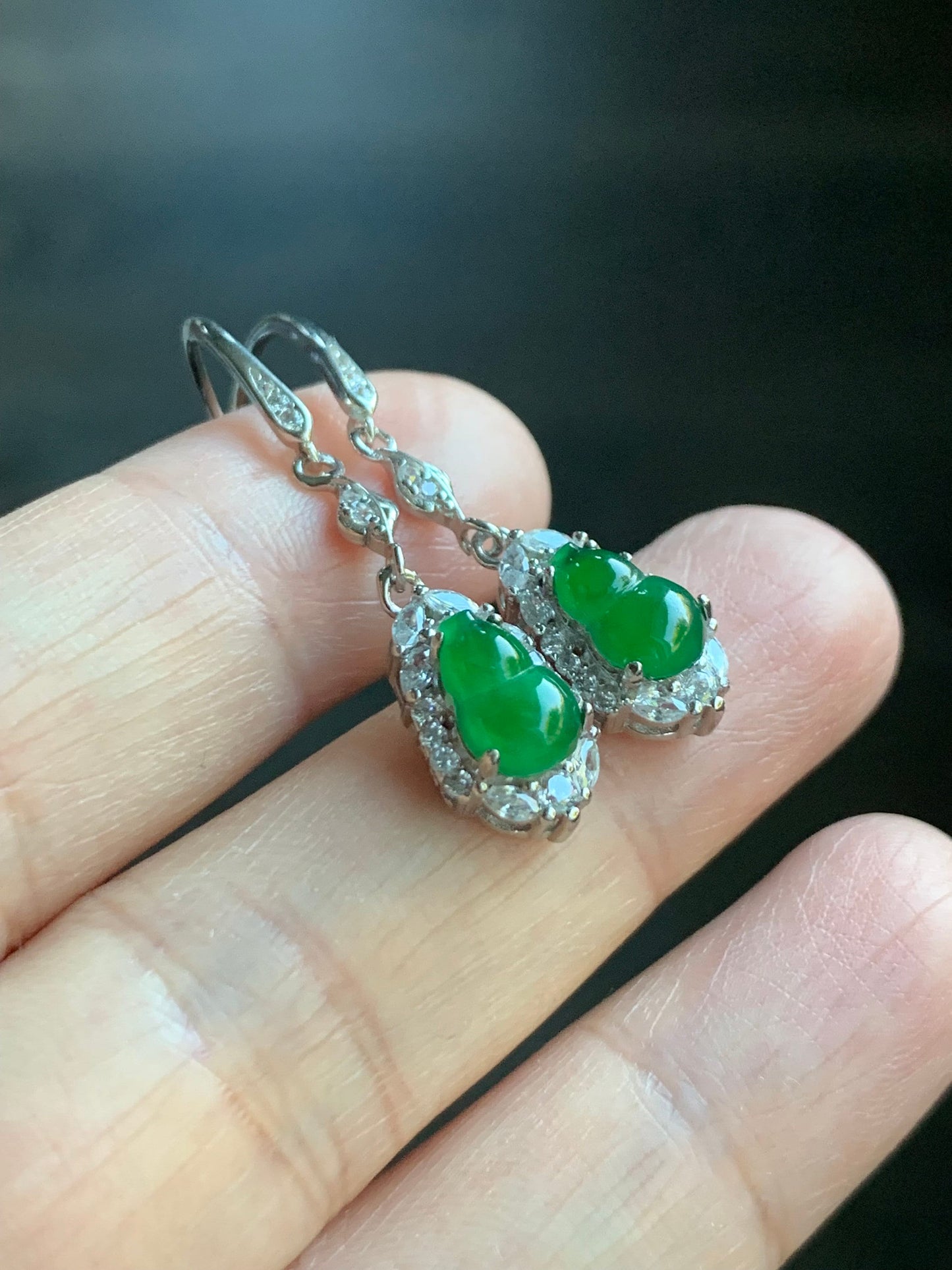 Natural Guatemalan Premium Icy Highly Translucent Vibrant Green Jadeite Hulu/Gourd Dangle Earrings S925 Silver 天然危地马拉正高冰绿翡翠葫芦银镶耳钩
