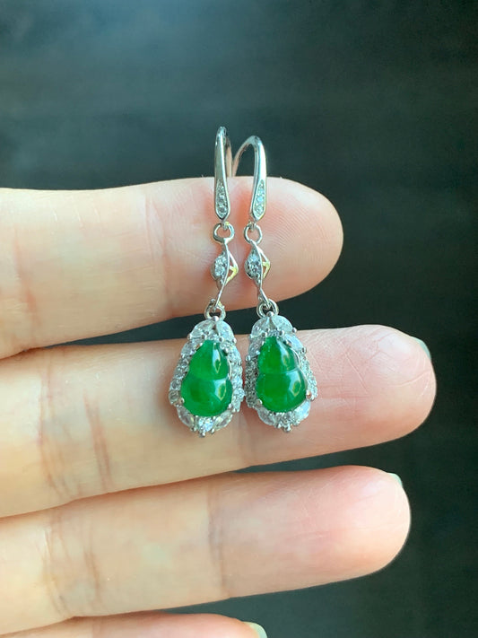 Natural Guatemalan Premium Icy Highly Translucent Vibrant Green Jadeite Hulu/Gourd Dangle Earrings S925 Silver 天然危地马拉正高冰绿翡翠葫芦银镶耳钩