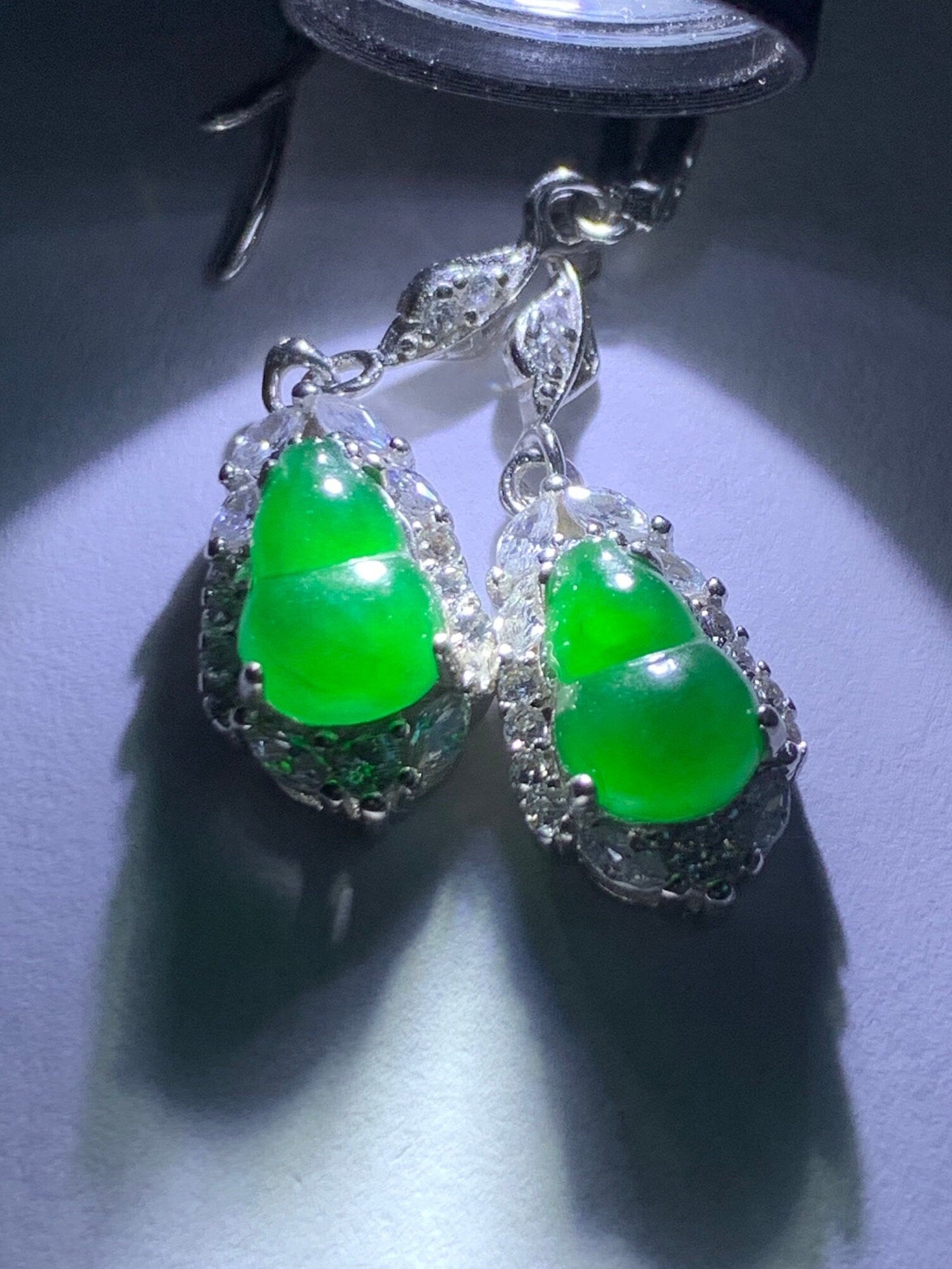 Natural Guatemalan Premium Icy Highly Translucent Vibrant Green Jadeite Hulu/Gourd Dangle Earrings S925 Silver 天然危地马拉正高冰绿翡翠葫芦银镶耳钩