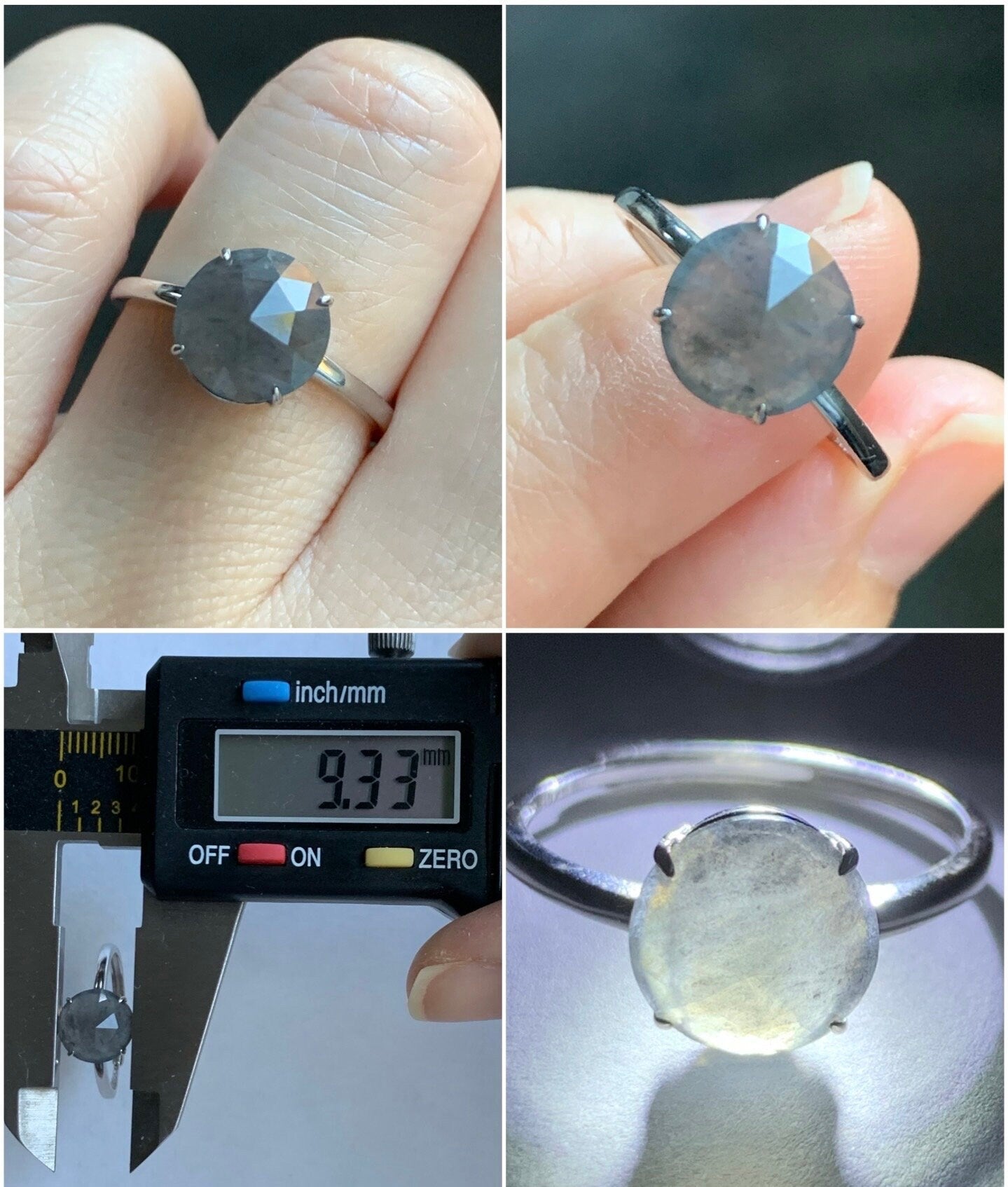 Natural Burmese Icy Translucent Wuji Diamond Faceted Jadeite Cabochon Ring Sterling Silver Size 7 Adjustable 天然缅甸冰乌鸡翡翠钻石切割面蛋面银镶戒指 MWJQ60