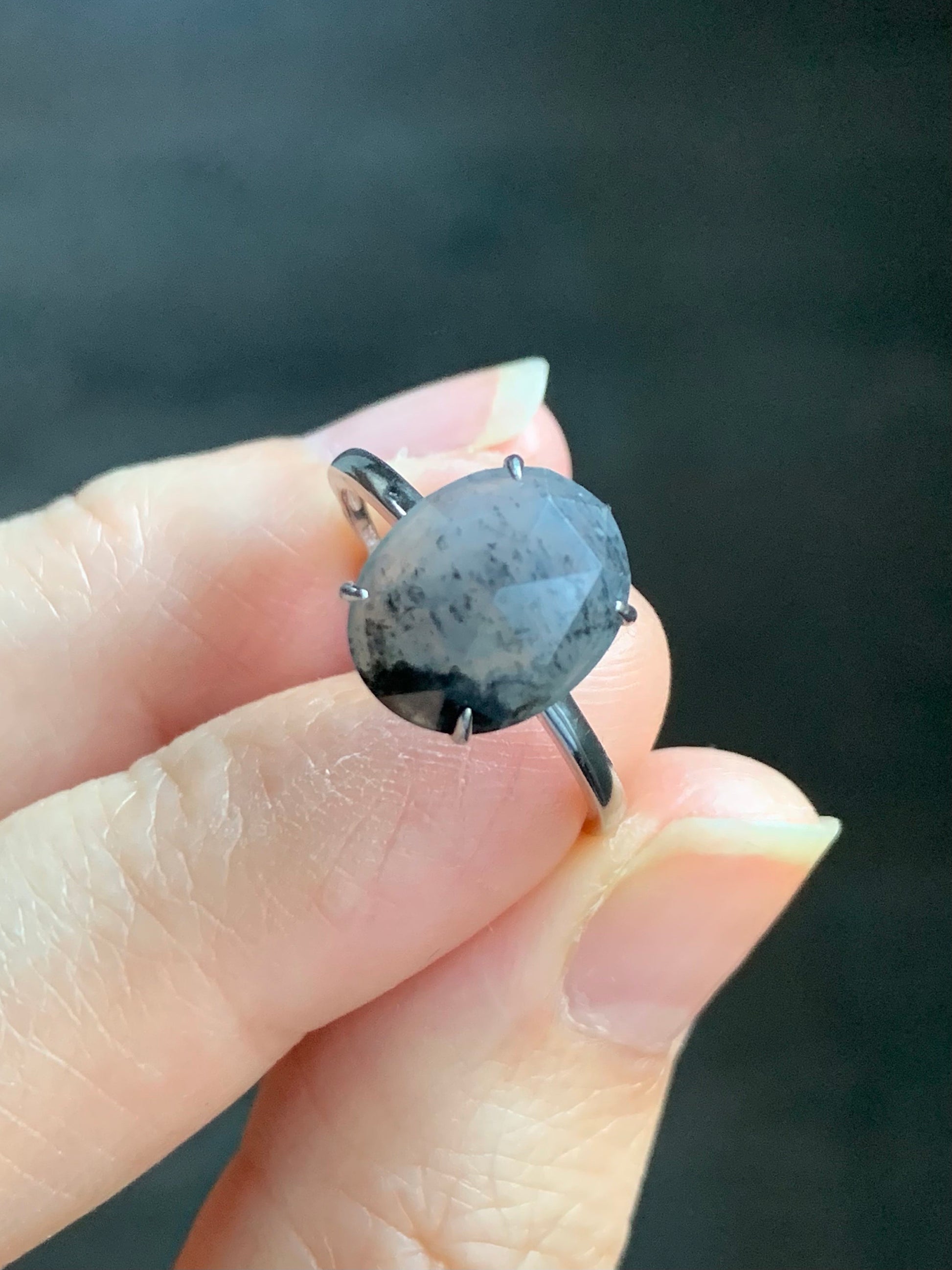 Natural Burmese Icy Translucent Wuji Diamond Faceted Jadeite Cabochon Ring Sterling Silver Size 7 Adjustable 天然缅甸冰乌鸡翡翠钻石切割面蛋面银镶戒指 MWJQ60