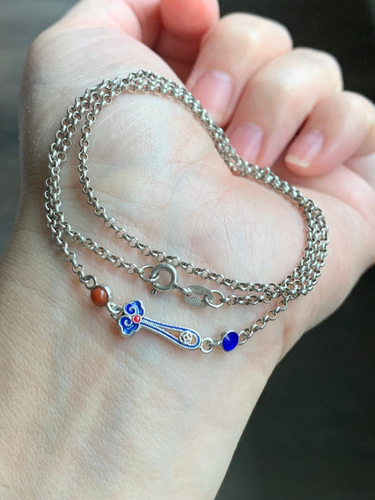 S925 Sterling Silver Rolo Chain Vintage Finish Necklace Adjustable 17.75” - 19.75” 5g S925纯银如意烤漆工艺项链