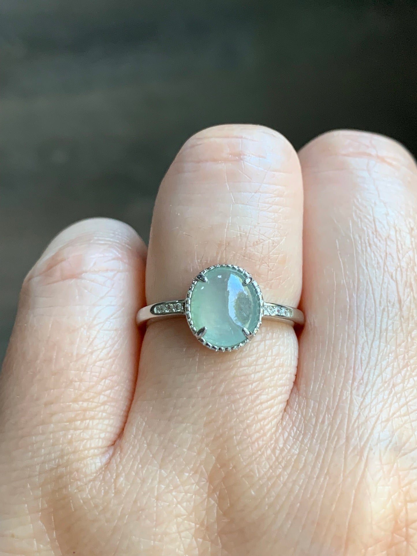 Natural Burmese Icy Highly Translucent Light Green Jadeite Ring Sterling Silver Size 7 Adjustable 天然缅甸冰淡晴底翡翠蛋面银镶戒指 221G