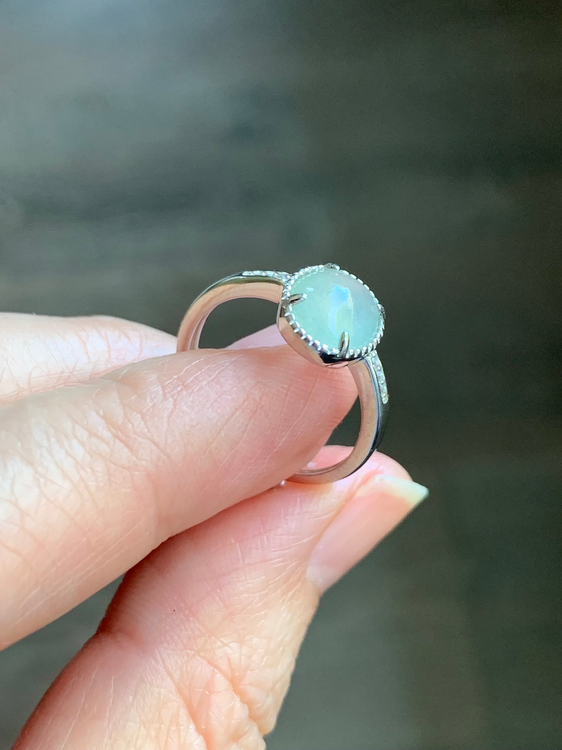 Natural Burmese Icy Highly Translucent Light Green Jadeite Ring Sterling Silver Size 7 Adjustable 天然缅甸冰淡晴底翡翠蛋面银镶戒指 221G