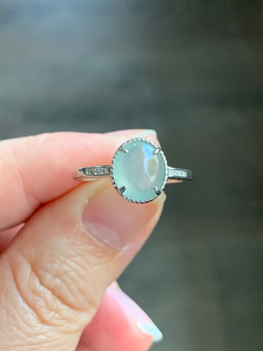 Natural Burmese Icy Highly Translucent Light Green Jadeite Ring Sterling Silver Size 7 Adjustable 天然缅甸冰淡晴底翡翠蛋面银镶戒指 221G