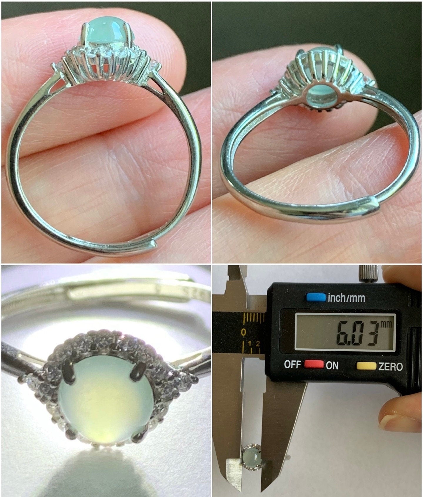 Natural Burmese Icy Highly Translucent Light Green Jadeite Ring Sterling Silver Size 7 Adjustable 天然缅甸冰淡晴底翡翠银镶戒指 221H