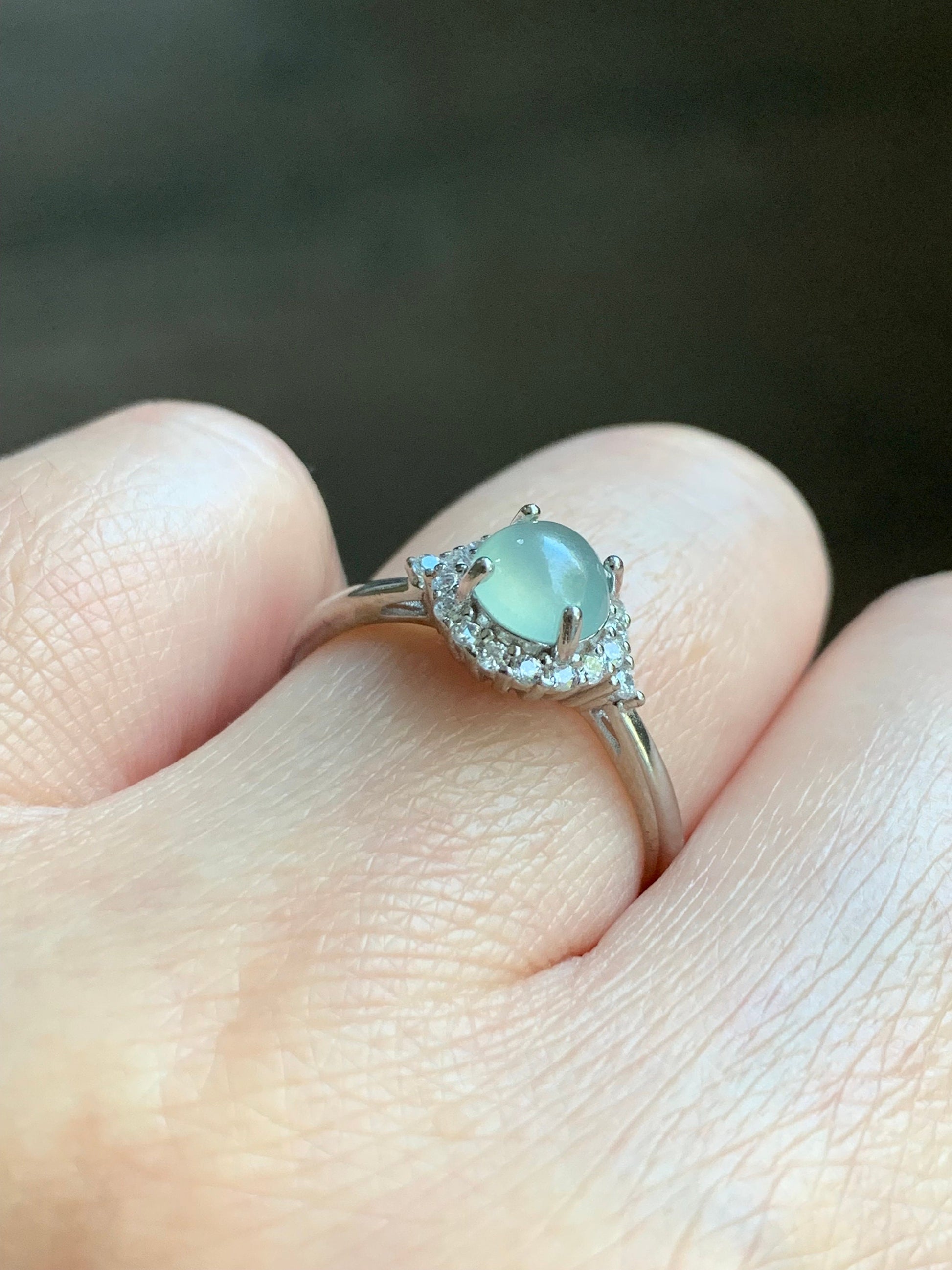Natural Burmese Icy Highly Translucent Light Green Jadeite Ring Sterling Silver Size 7 Adjustable 天然缅甸冰淡晴底翡翠银镶戒指 221H