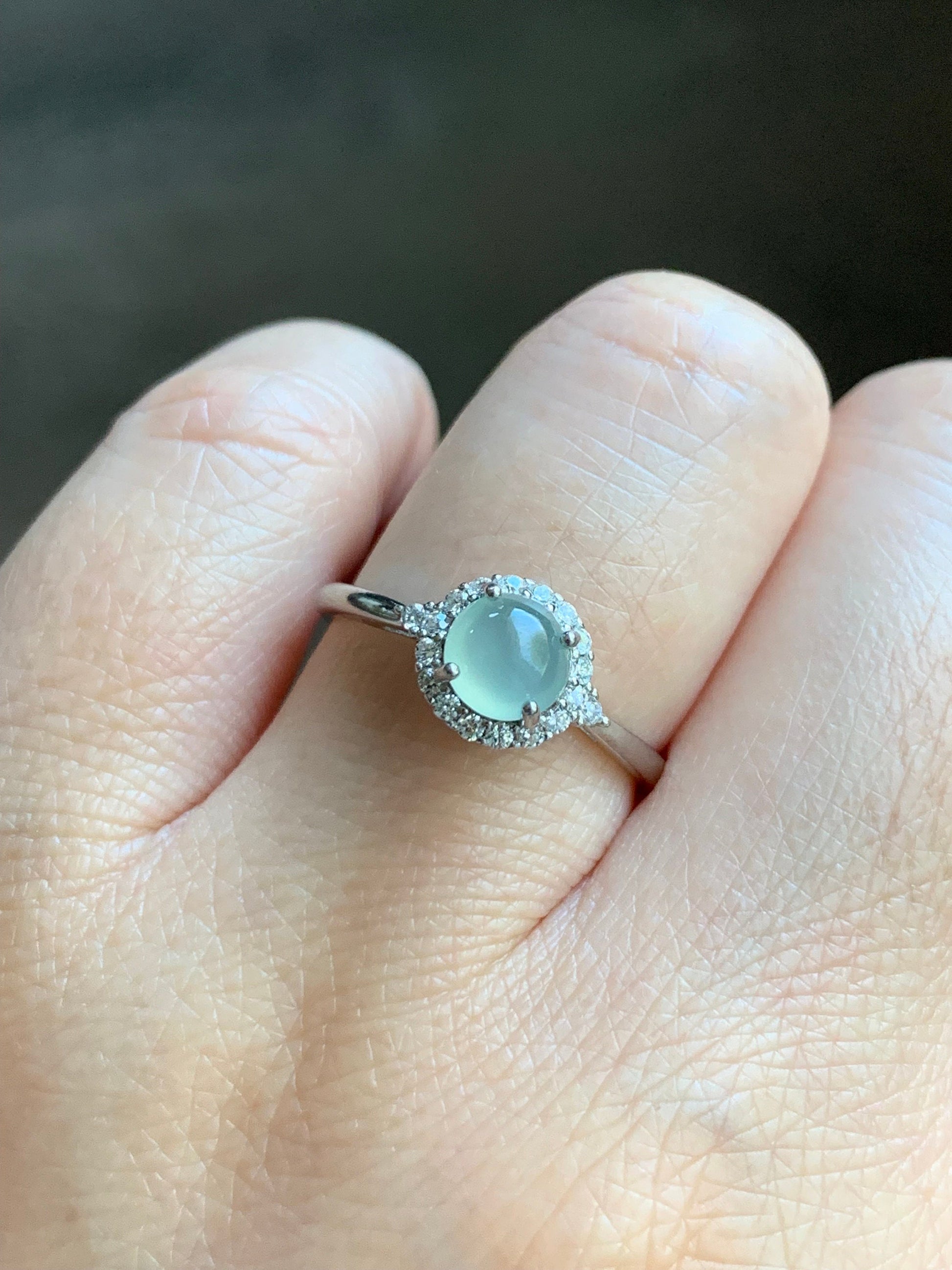 Natural Burmese Icy Highly Translucent Light Green Jadeite Ring Sterling Silver Size 7 Adjustable 天然缅甸冰淡晴底翡翠银镶戒指 221H