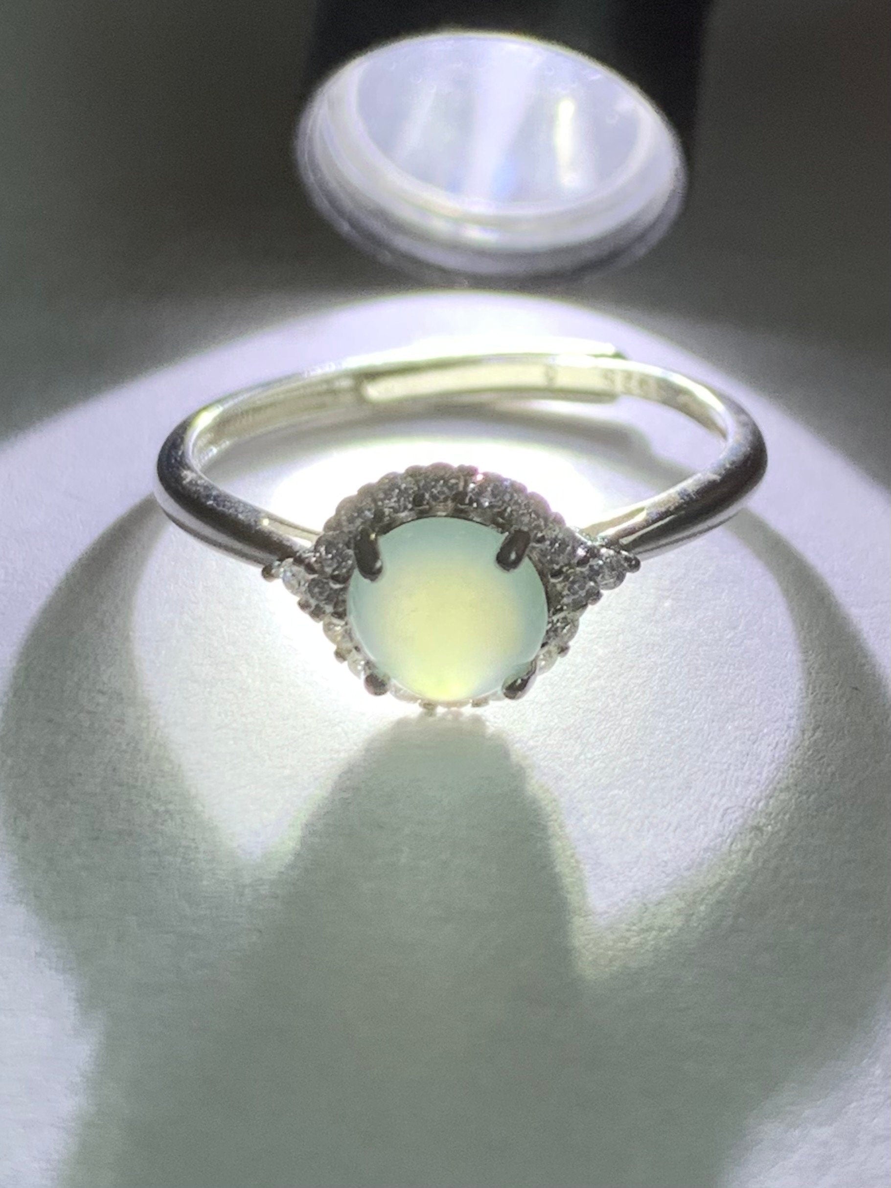 Natural Burmese Icy Highly Translucent Light Green Jadeite Ring Sterling Silver Size 7 Adjustable 天然缅甸冰淡晴底翡翠银镶戒指 221H