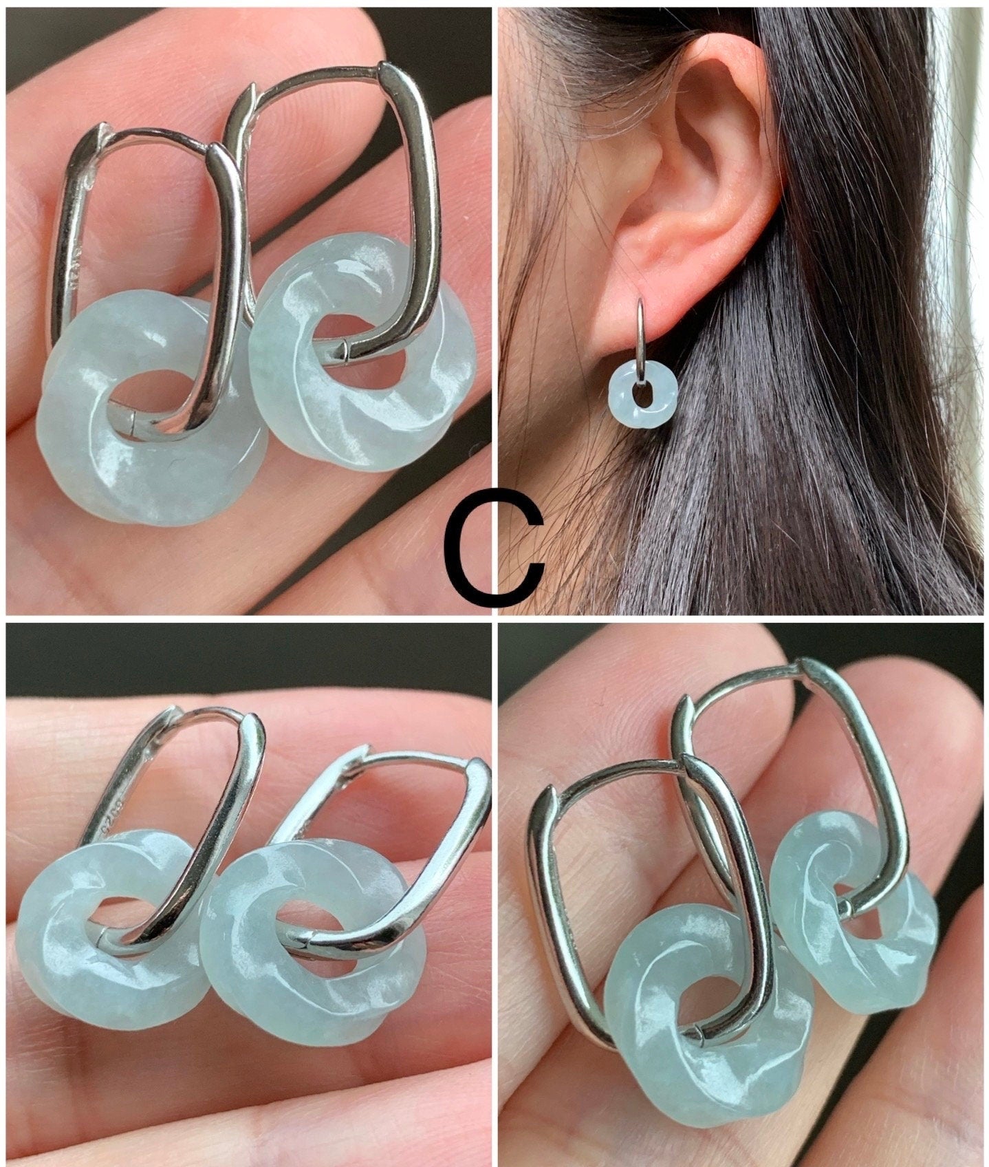 Natural Burmese Icy Translucent Jadeite Carved Ping An Kou Donut Dangle Huggie Hoop Earrings S925 Sterling Silver 天然缅甸翡翠麻花平安扣银耳包