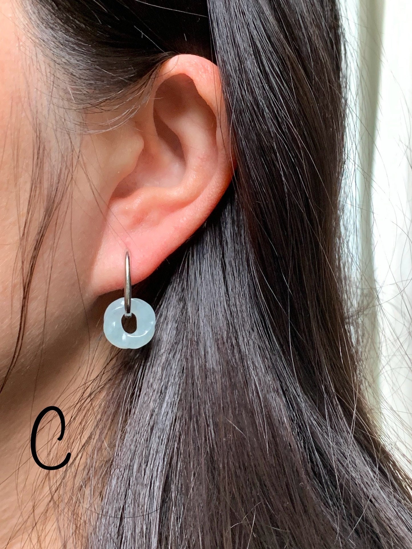 Natural Burmese Icy Translucent Jadeite Carved Ping An Kou Donut Dangle Huggie Hoop Earrings S925 Sterling Silver 天然缅甸翡翠麻花平安扣银耳包