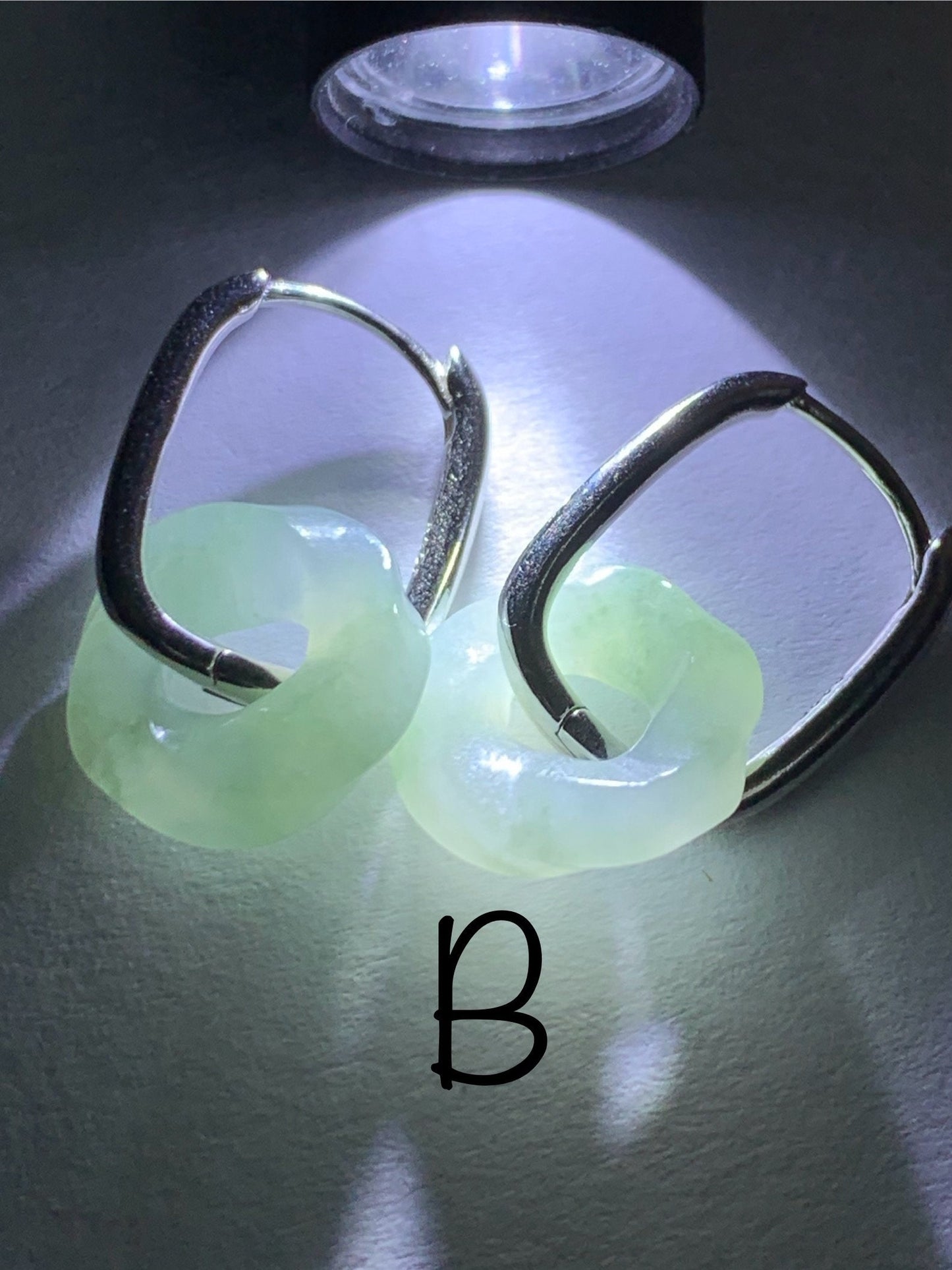 Natural Burmese Icy Translucent Jadeite Carved Ping An Kou Donut Dangle Huggie Hoop Earrings S925 Sterling Silver 天然缅甸翡翠麻花平安扣银耳包