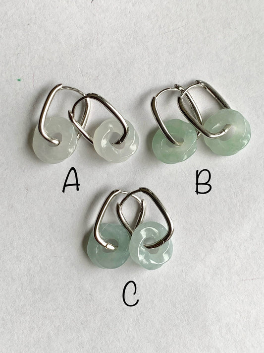 Natural Burmese Icy Translucent Jadeite Carved Ping An Kou Donut Dangle Huggie Hoop Earrings S925 Sterling Silver 天然缅甸翡翠麻花平安扣银耳包