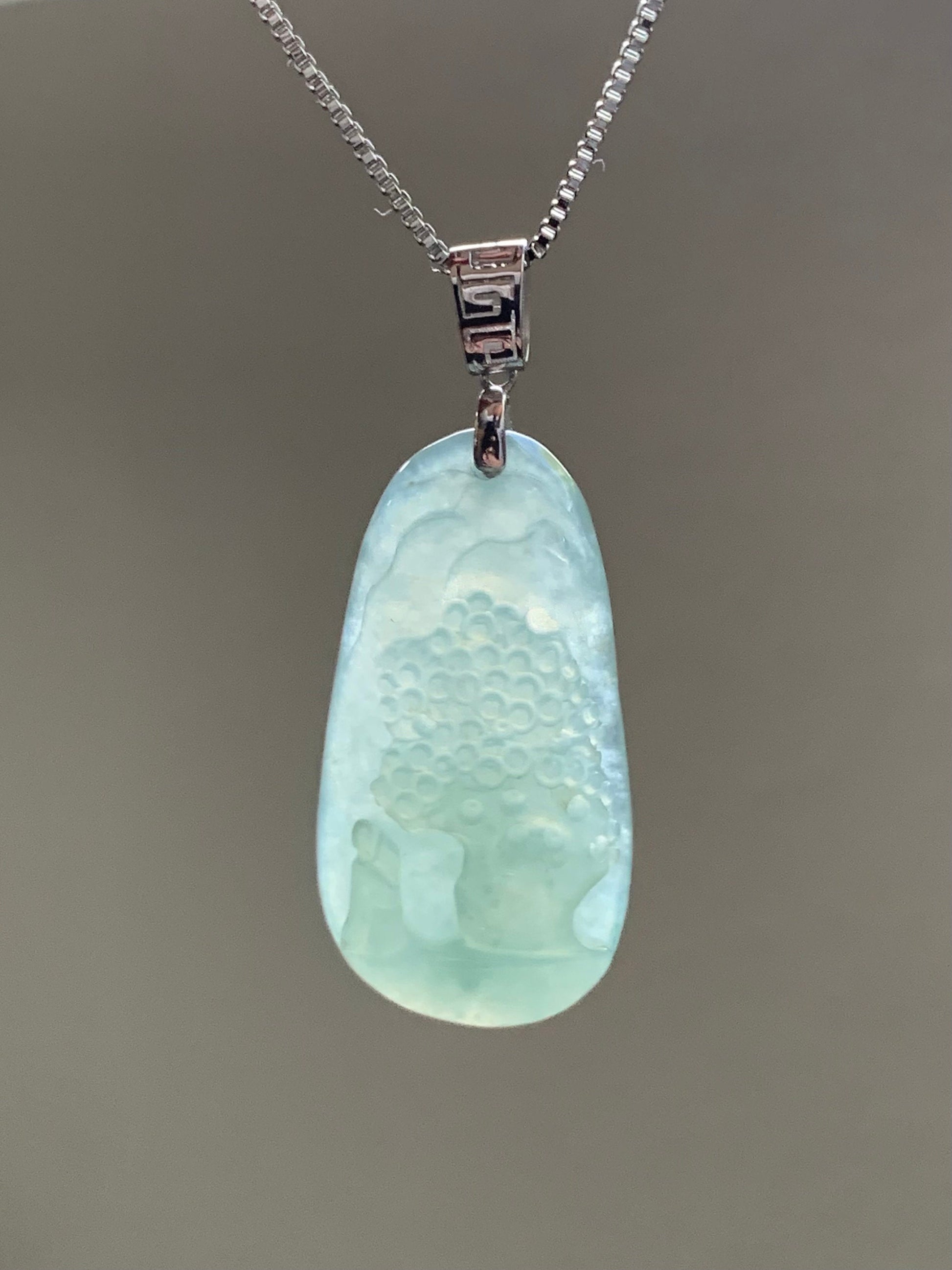 Natural Burmese Icy Translucent Gelatinous Light Green Jadeite Shan Shui Pai Landscape Scenery Pendant 18K White Gold 天然缅甸冰晴绿翡翠精工雕山水牌吊坠