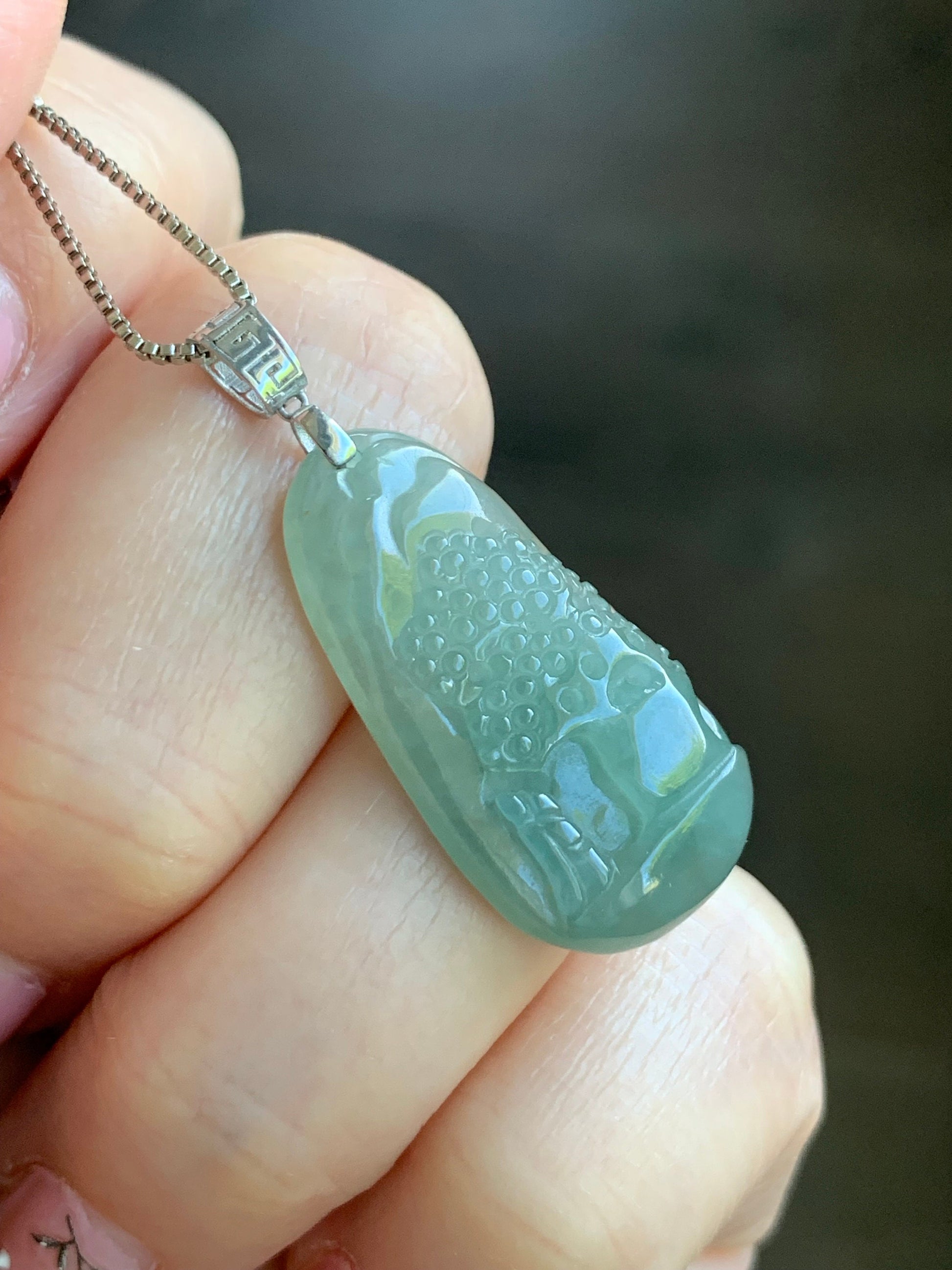 Natural Burmese Icy Translucent Gelatinous Light Green Jadeite Shan Shui Pai Landscape Scenery Pendant 18K White Gold 天然缅甸冰晴绿翡翠精工雕山水牌吊坠