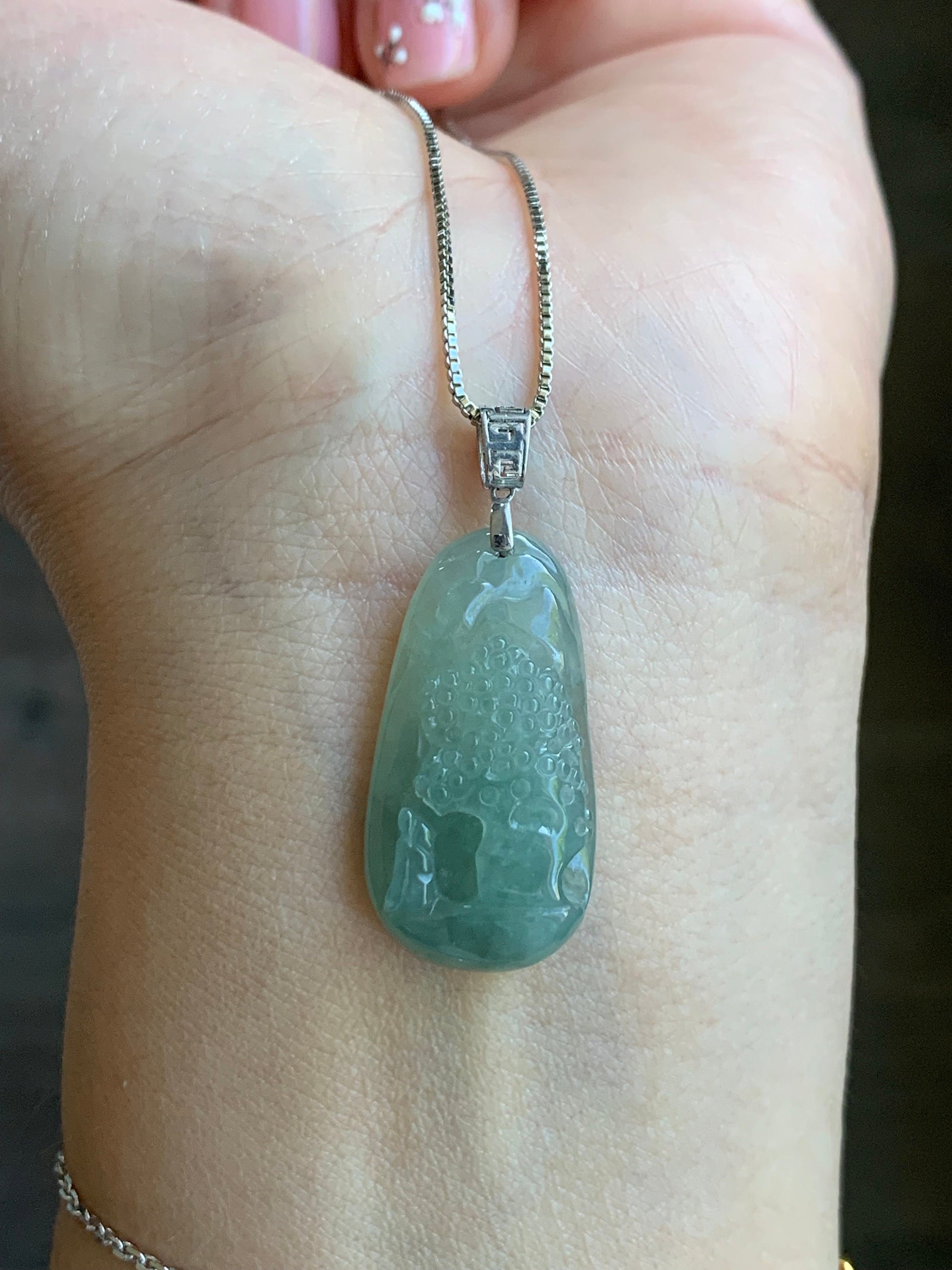 Natural Burmese Icy Translucent Gelatinous Light Green Jadeite Shan Shui Pai Landscape Scenery Pendant 18K White Gold 天然缅甸冰晴绿翡翠精工雕山水牌吊坠