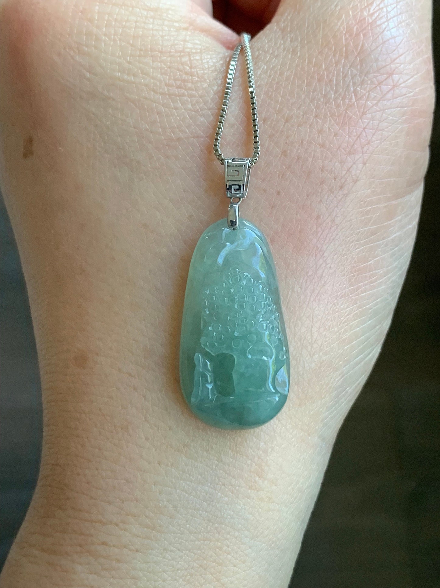 Natural Burmese Icy Translucent Gelatinous Light Green Jadeite Shan Shui Pai Landscape Scenery Pendant 18K White Gold 天然缅甸冰晴绿翡翠精工雕山水牌吊坠