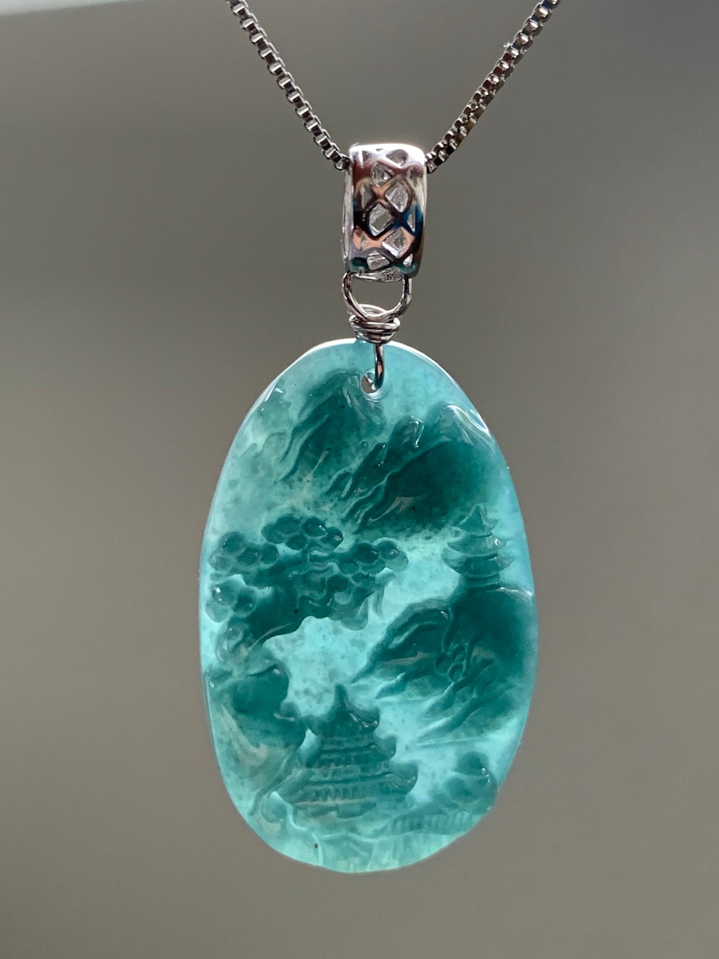 Natural Guatemalan Dark Teal Blue Jadeite Carved Shan Shui Pai Landscape Tag Pendant Sterling Silver 天然冰危深蓝水翡翠山水牌吊坠 B