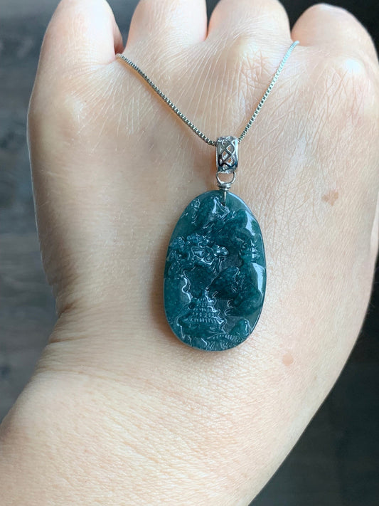 Natural Guatemalan Dark Teal Blue Jadeite Carved Shan Shui Pai Landscape Tag Pendant Sterling Silver 天然冰危深蓝水翡翠山水牌吊坠 B