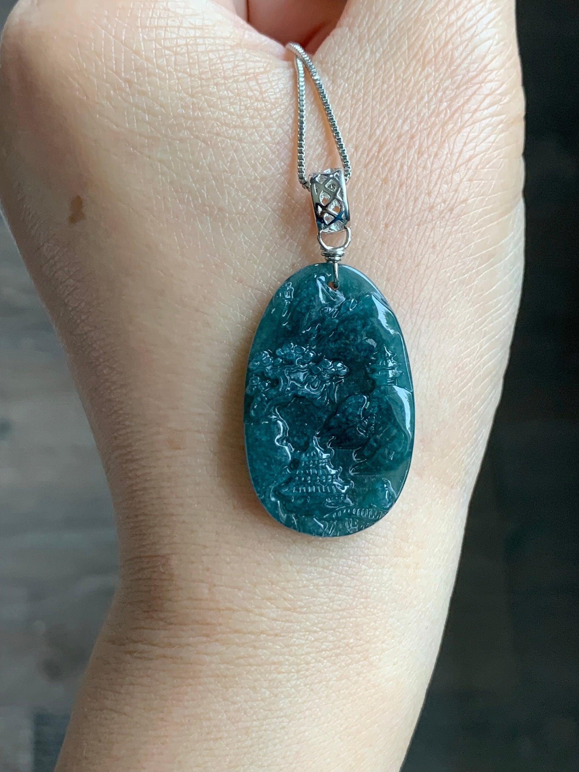 Natural Guatemalan Dark Teal Blue Jadeite Carved Shan Shui Pai Landscape Tag Pendant Sterling Silver 天然冰危深蓝水翡翠山水牌吊坠 B
