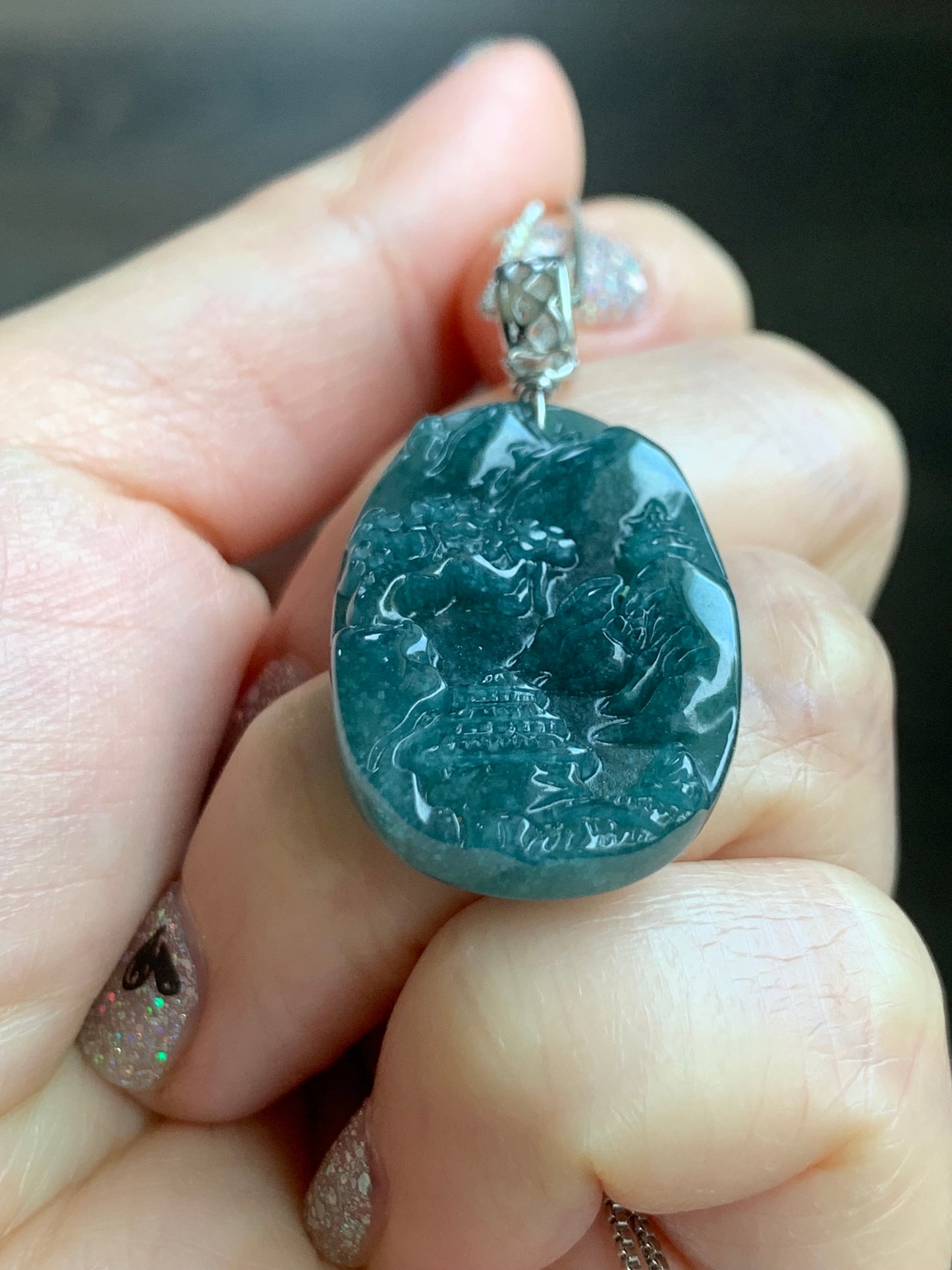 Natural Guatemalan Dark Teal Blue Jadeite Carved Shan Shui Pai Landscape Tag Pendant Sterling Silver 天然冰危深蓝水翡翠山水牌吊坠 B