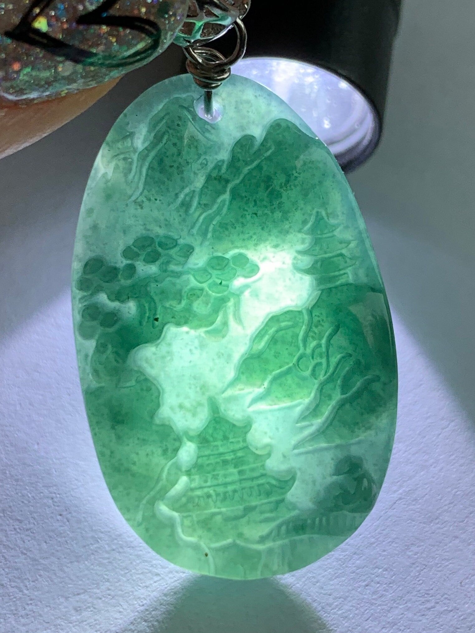 Natural Guatemalan Dark Teal Blue Jadeite Carved Shan Shui Pai Landscape Tag Pendant Sterling Silver 天然冰危深蓝水翡翠山水牌吊坠 B