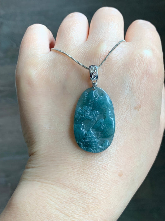 Natural Guatemalan Dark Teal Blue Jadeite Carved Shan Shui Pai Landscape Tag Pendant Sterling Silver 天然冰危深蓝水翡翠山水牌吊坠 A