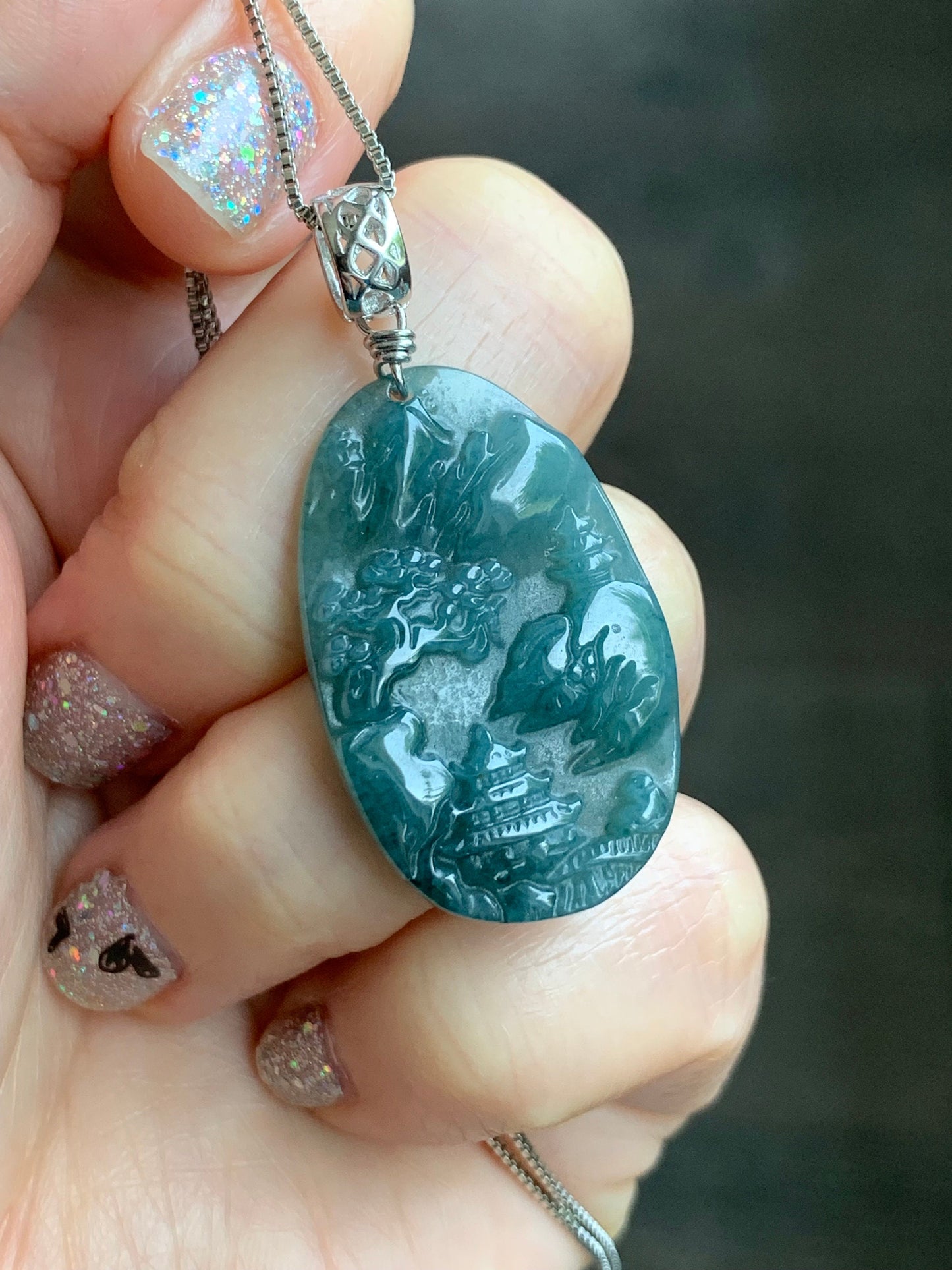 Natural Guatemalan Dark Teal Blue Jadeite Carved Shan Shui Pai Landscape Tag Pendant Sterling Silver 天然冰危深蓝水翡翠山水牌吊坠 A