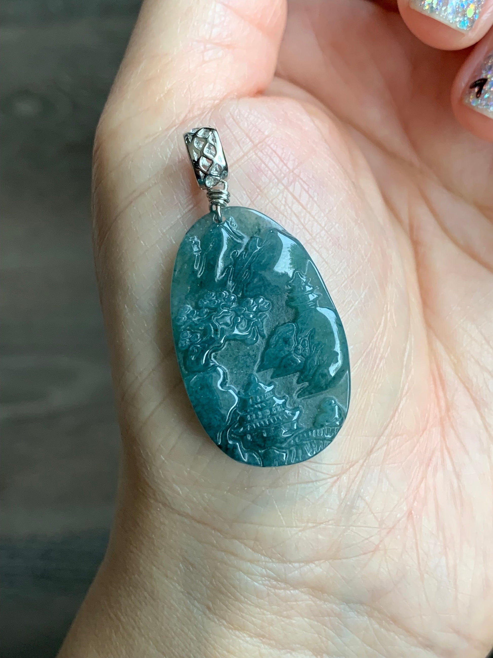 Natural Guatemalan Dark Teal Blue Jadeite Carved Shan Shui Pai Landscape Tag Pendant Sterling Silver 天然冰危深蓝水翡翠山水牌吊坠 A