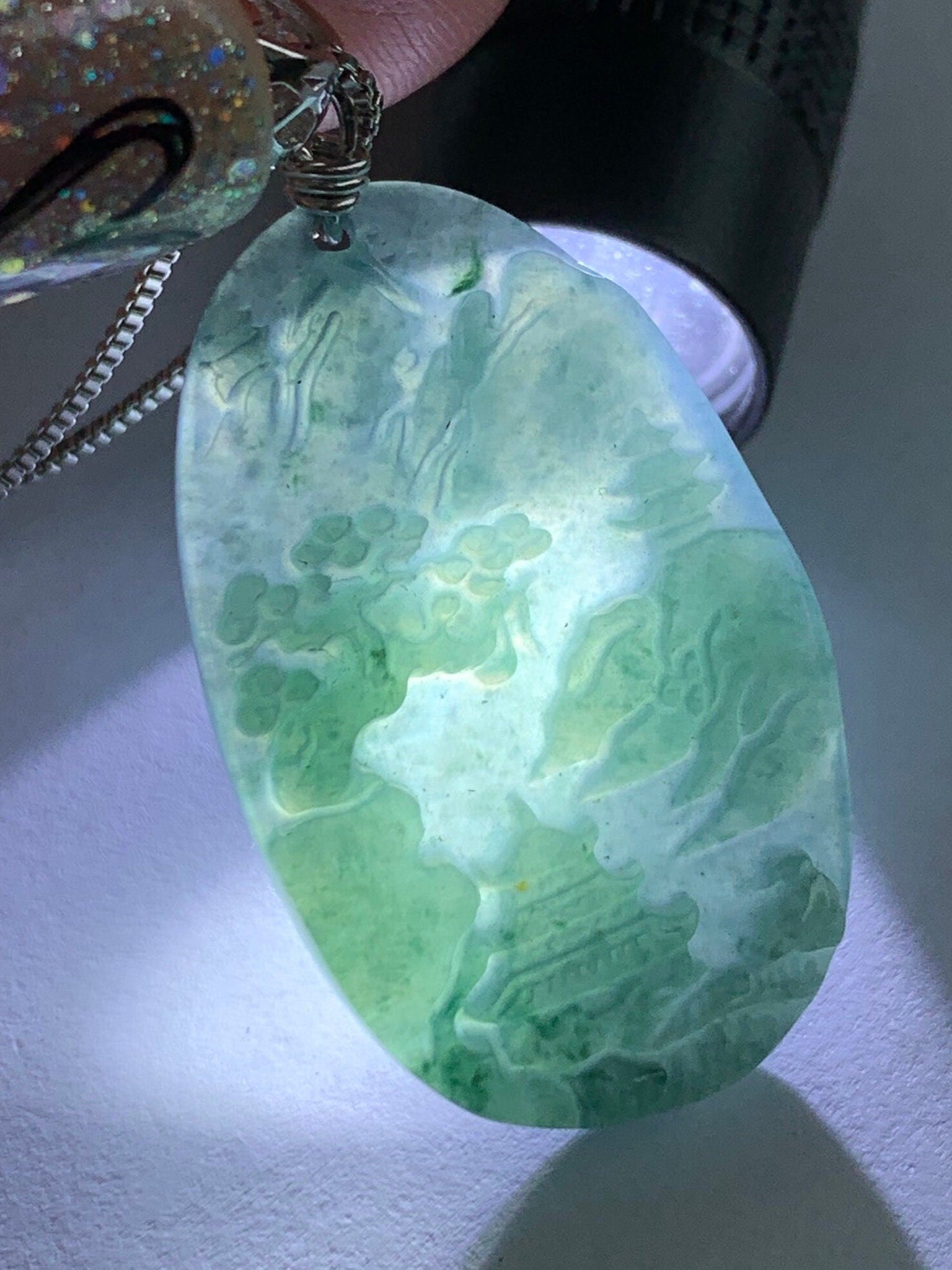 Natural Guatemalan Dark Teal Blue Jadeite Carved Shan Shui Pai Landscape Tag Pendant Sterling Silver 天然冰危深蓝水翡翠山水牌吊坠 A