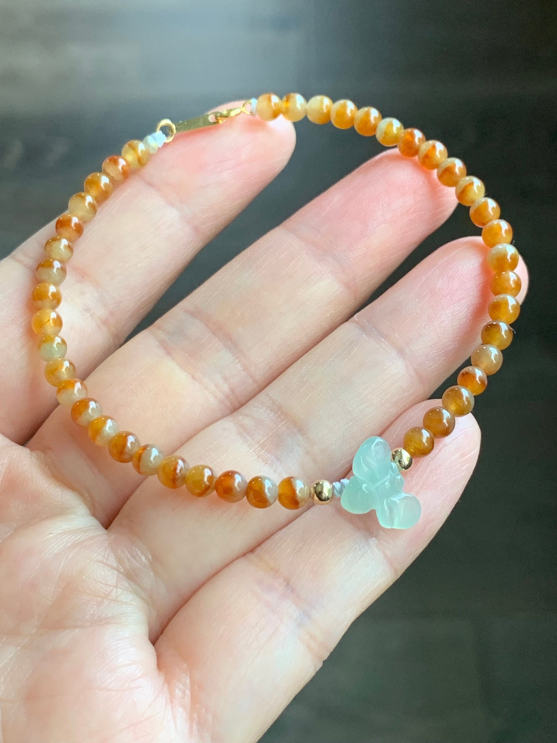 Natural Burmese Premium Icy Jadeite Honeybee Vibrant Bicolored Yellow Jadeite Beaded Bracelet 6.75”-7” Yellow Gold 天然缅甸冰黄红鸳鸯翡翠小珠冰晴翡翠蜜蜂K金手链