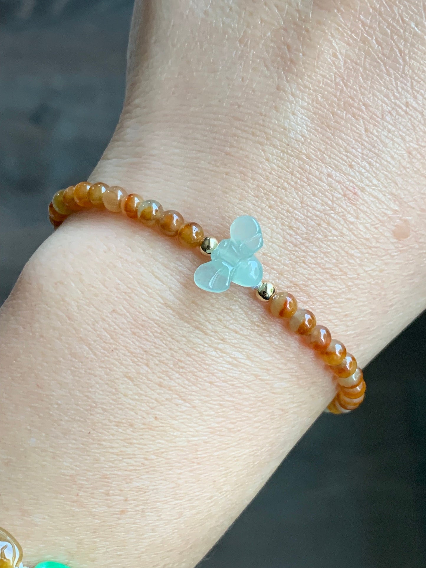 Natural Burmese Premium Icy Jadeite Honeybee Vibrant Bicolored Yellow Jadeite Beaded Bracelet 6.75”-7” Yellow Gold 天然缅甸冰黄红鸳鸯翡翠小珠冰晴翡翠蜜蜂K金手链