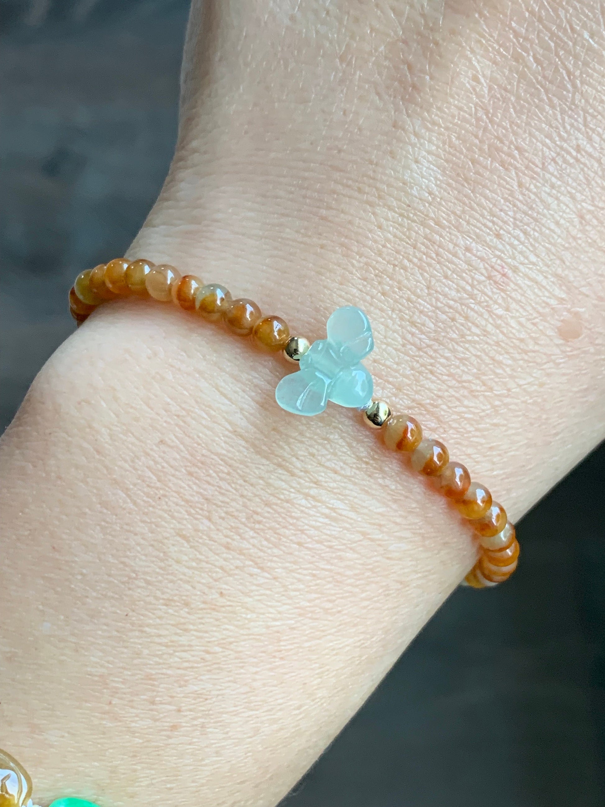 Natural Burmese Premium Icy Jadeite Honeybee Vibrant Bicolored Yellow Jadeite Beaded Bracelet 6.75”-7” Yellow Gold 天然缅甸冰黄红鸳鸯翡翠小珠冰晴翡翠蜜蜂K金手链