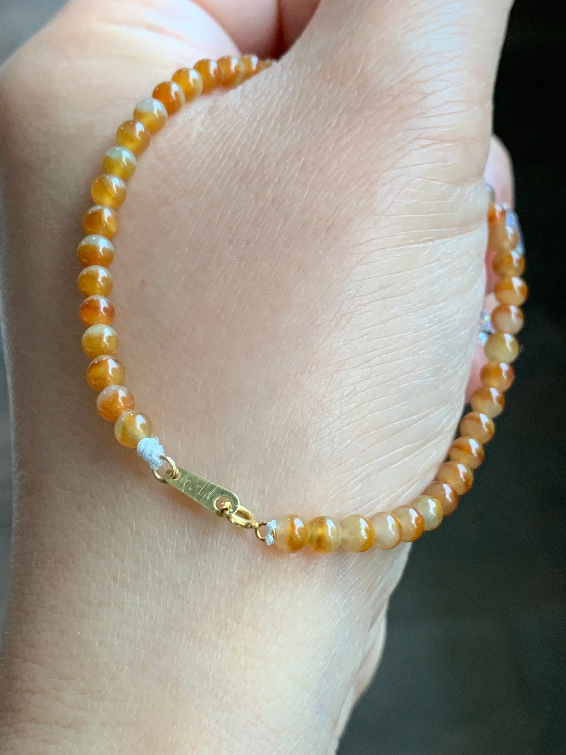 Natural Burmese Premium Icy Jadeite Honeybee Vibrant Bicolored Yellow Jadeite Beaded Bracelet 6.75”-7” Yellow Gold 天然缅甸冰黄红鸳鸯翡翠小珠冰晴翡翠蜜蜂K金手链