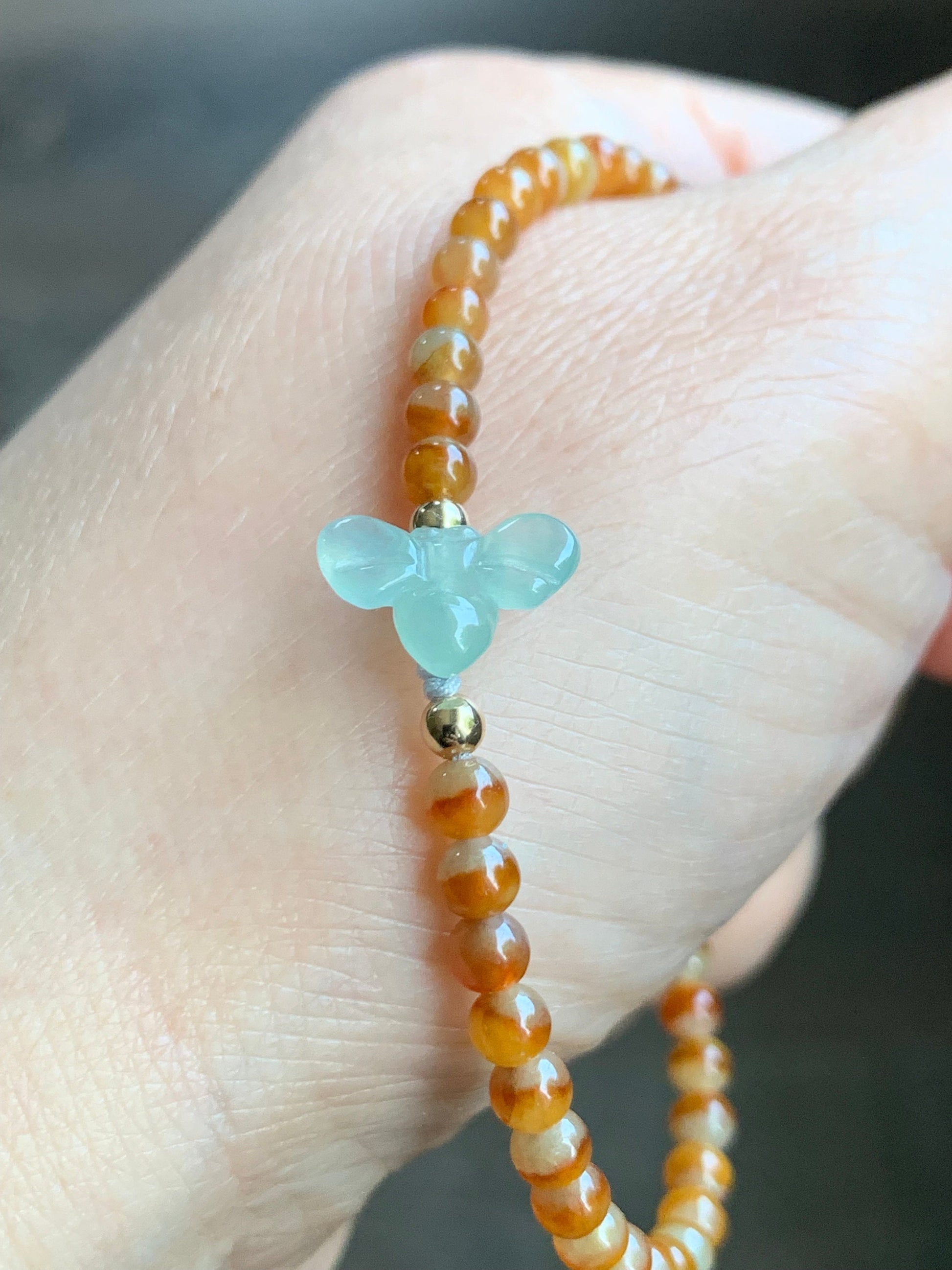 Natural Burmese Premium Icy Jadeite Honeybee Vibrant Bicolored Yellow Jadeite Beaded Bracelet 6.75”-7” Yellow Gold 天然缅甸冰黄红鸳鸯翡翠小珠冰晴翡翠蜜蜂K金手链