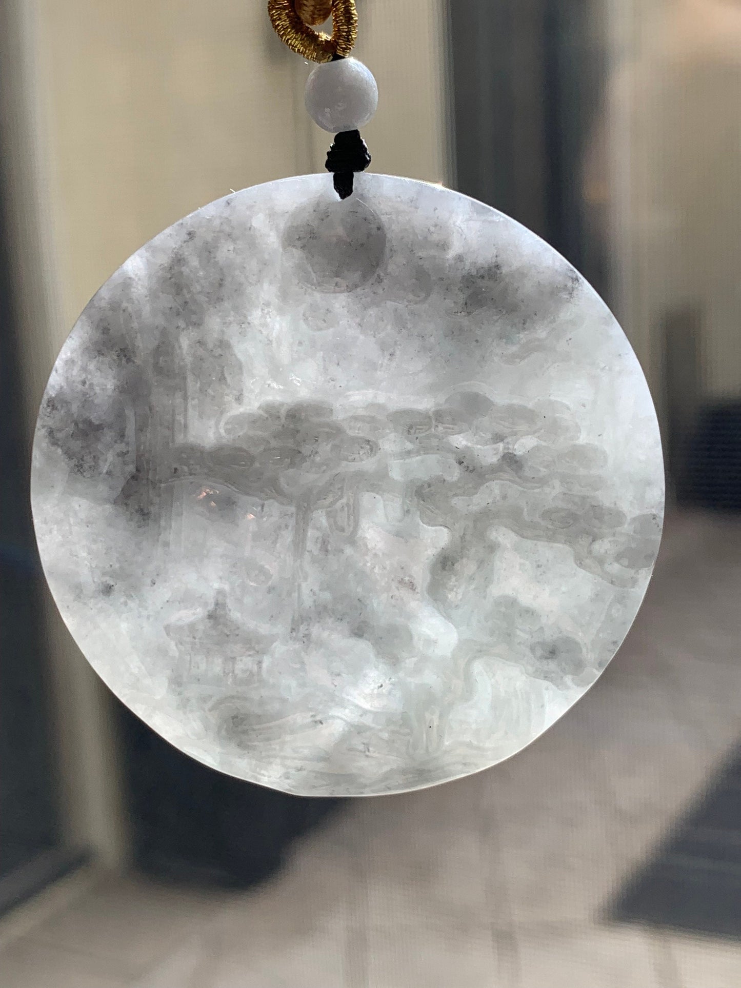 Large Natural Burmese Icy Translucent Light Wuji Marbled Jadeite Shan Shui Scenery Landscape Pendant Rope Necklace 39g 天然缅甸冰乌鸡翡翠山水牌吊坠