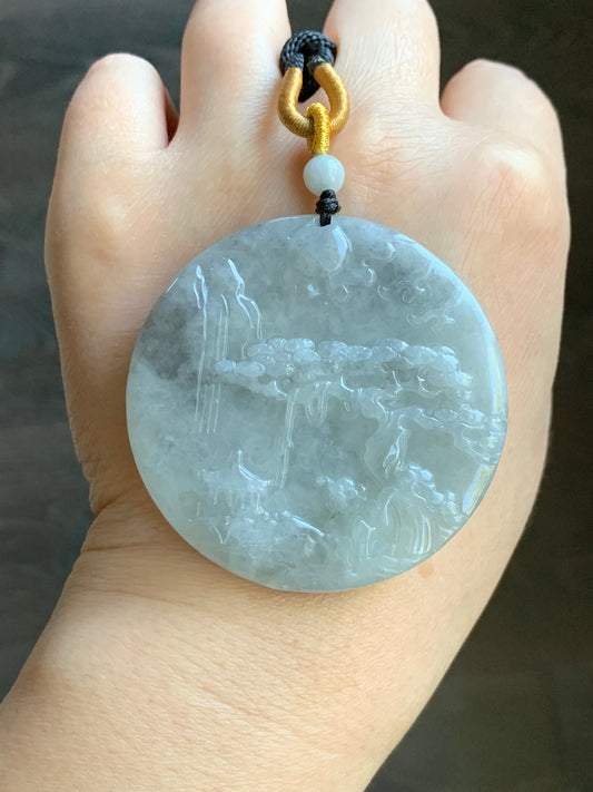Large Natural Burmese Icy Translucent Light Wuji Marbled Jadeite Shan Shui Scenery Landscape Pendant Rope Necklace 39g 天然缅甸冰乌鸡翡翠山水牌吊坠