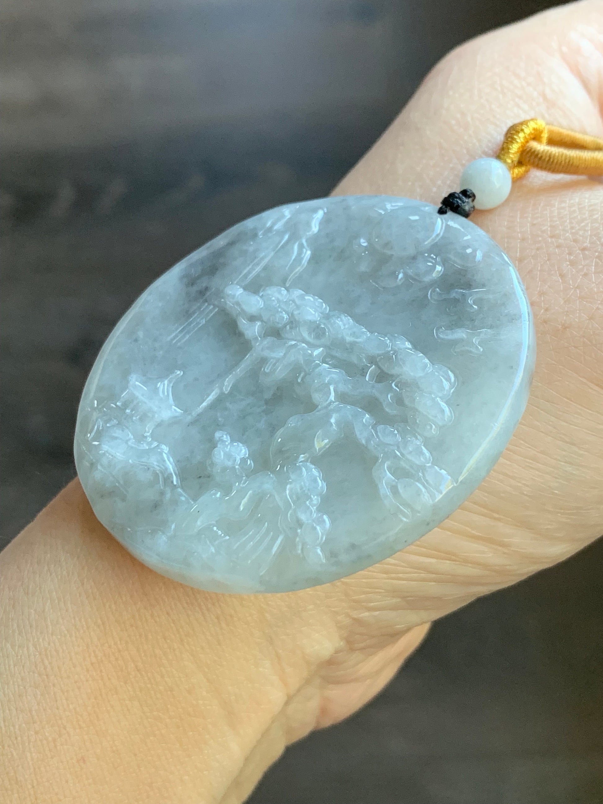 Large Natural Burmese Icy Translucent Light Wuji Marbled Jadeite Shan Shui Scenery Landscape Pendant Rope Necklace 39g 天然缅甸冰乌鸡翡翠山水牌吊坠
