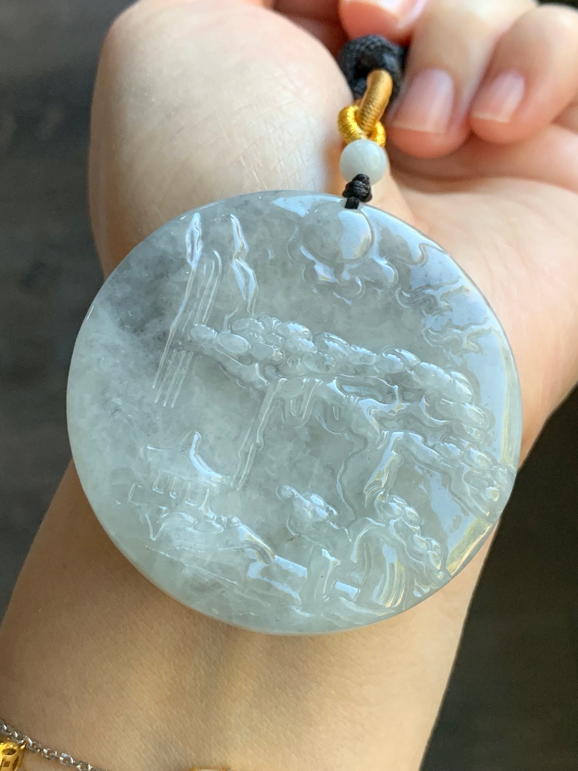 Large Natural Burmese Icy Translucent Light Wuji Marbled Jadeite Shan Shui Scenery Landscape Pendant Rope Necklace 39g 天然缅甸冰乌鸡翡翠山水牌吊坠