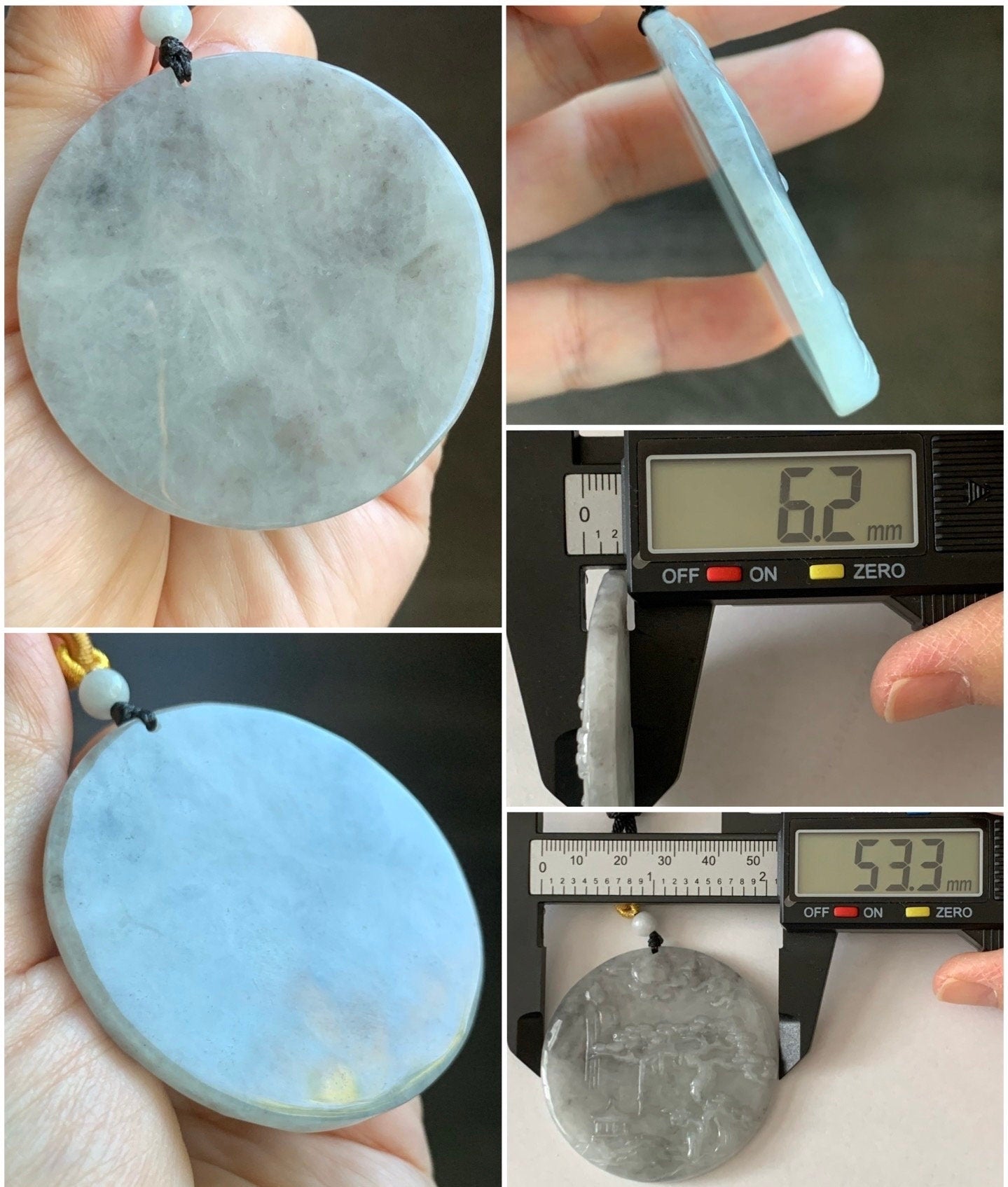 Large Natural Burmese Icy Translucent Light Wuji Marbled Jadeite Shan Shui Scenery Landscape Pendant Rope Necklace 39g 天然缅甸冰乌鸡翡翠山水牌吊坠