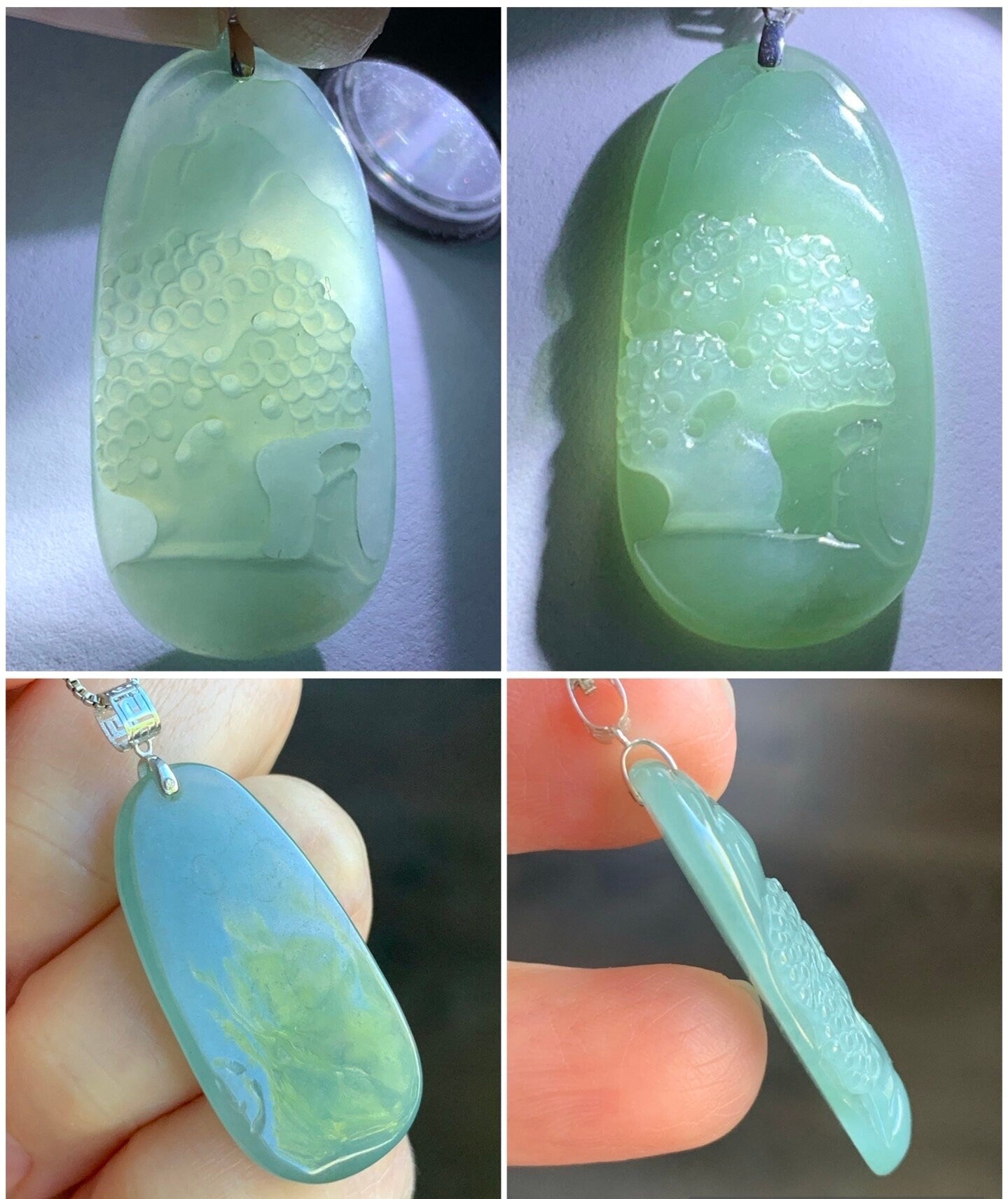 Natural Burmese Icy Translucent Light Green Jadeite Engraved Shan Shui Landscape Scenery Pendant 18K White Gold 天然缅甸冰晴翡翠山水牌镶嵌吊坠