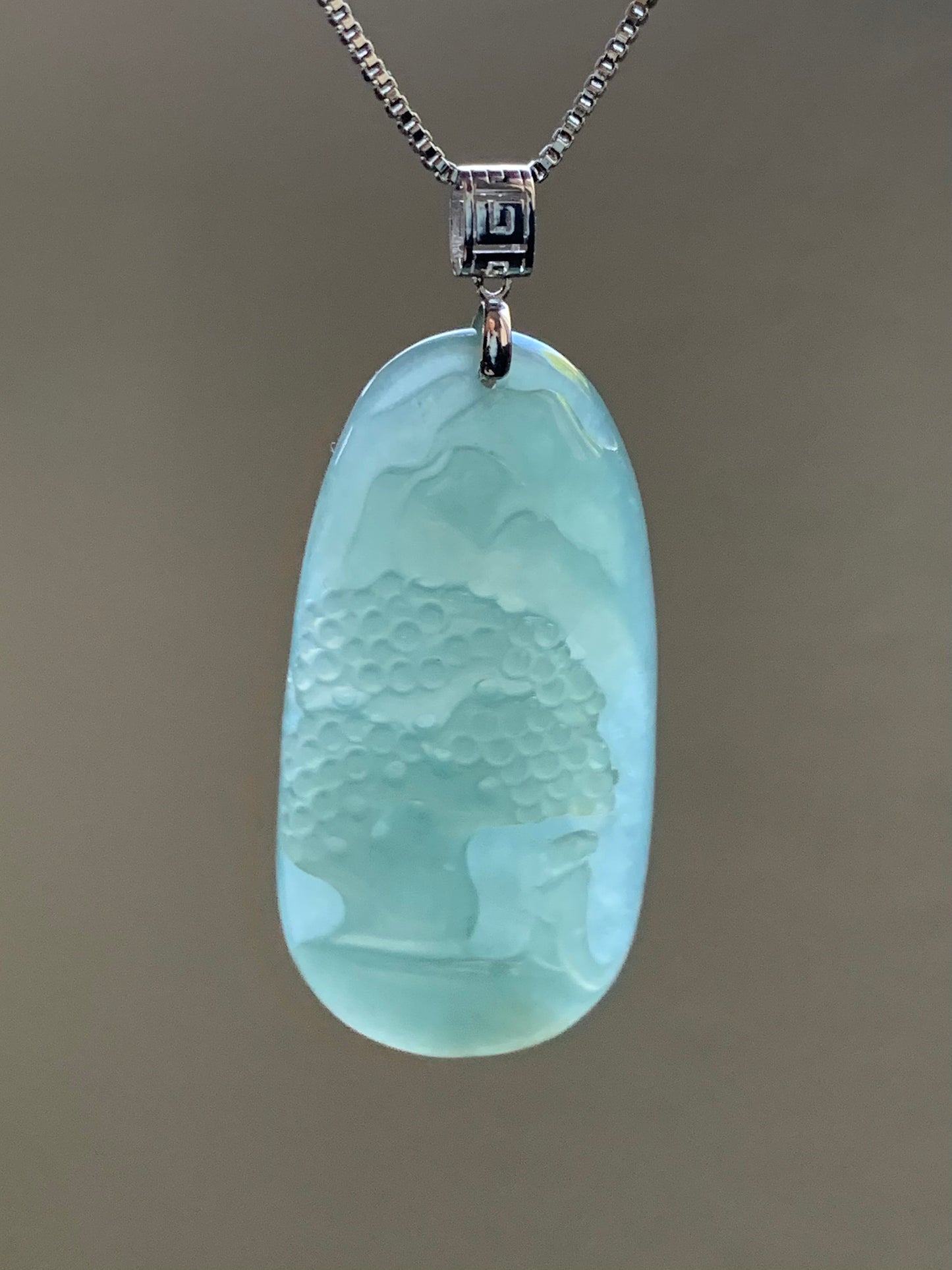 Natural Burmese Icy Translucent Light Green Jadeite Engraved Shan Shui Landscape Scenery Pendant 18K White Gold 天然缅甸冰晴翡翠山水牌镶嵌吊坠
