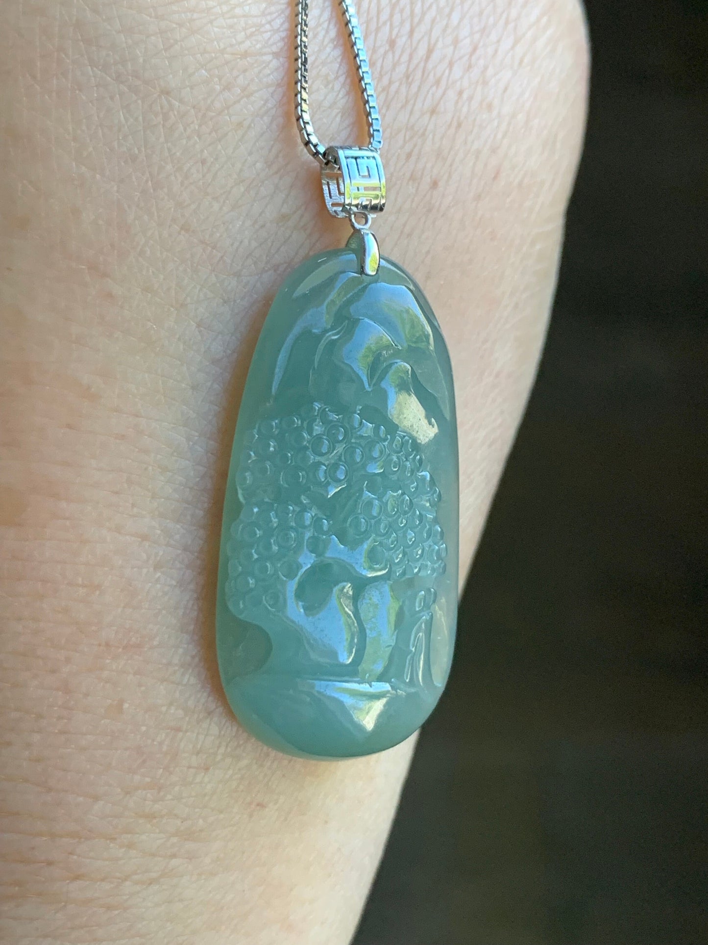 Natural Burmese Icy Translucent Light Green Jadeite Engraved Shan Shui Landscape Scenery Pendant 18K White Gold 天然缅甸冰晴翡翠山水牌镶嵌吊坠